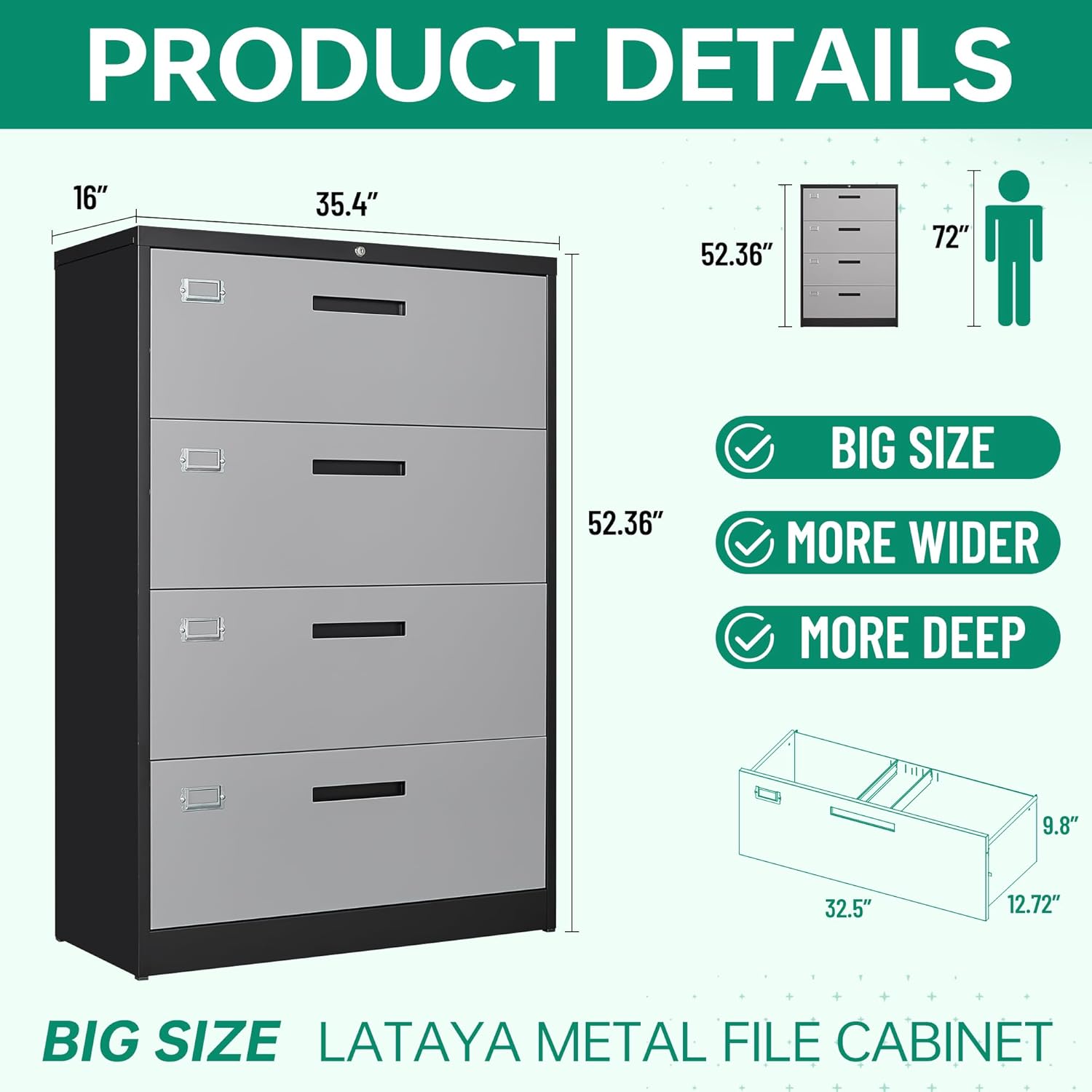 Metal Lateral File Cabinets with Lock,2 Drawer Steel Wide Filing Organization Storage Cabinets,Home Office Furniture for Hanging Files Letter/Legal/F4/A4 Size (Blcak-2 Drawer)
