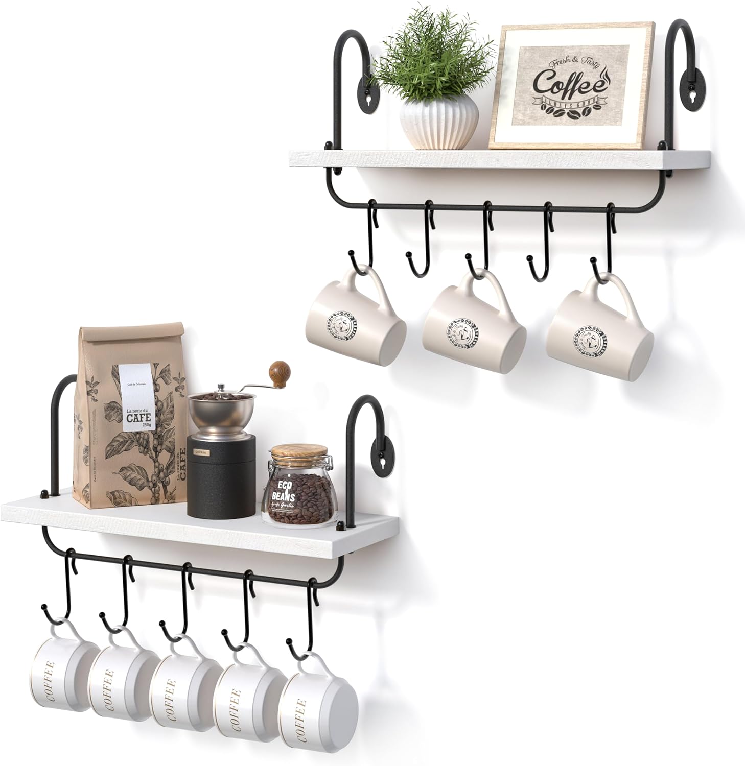 Coffee Mug Cup Holder Wall Mount, Floating Wall Shelves for Coffee Bar Organizer and Decor, Mug Rack Shelf with 10 Hooks for Kitchen Bathroom Coffee Bar Accessories Set of 2 (Carbonized Black)