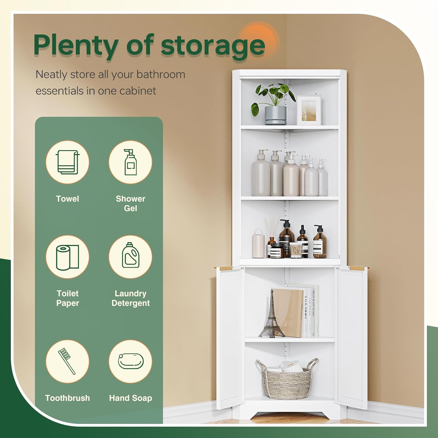 Corner Storage Cabinet with 2 Doors and 3 Shelves,Metal White Tall Corner Cabinets for Home Kitchen