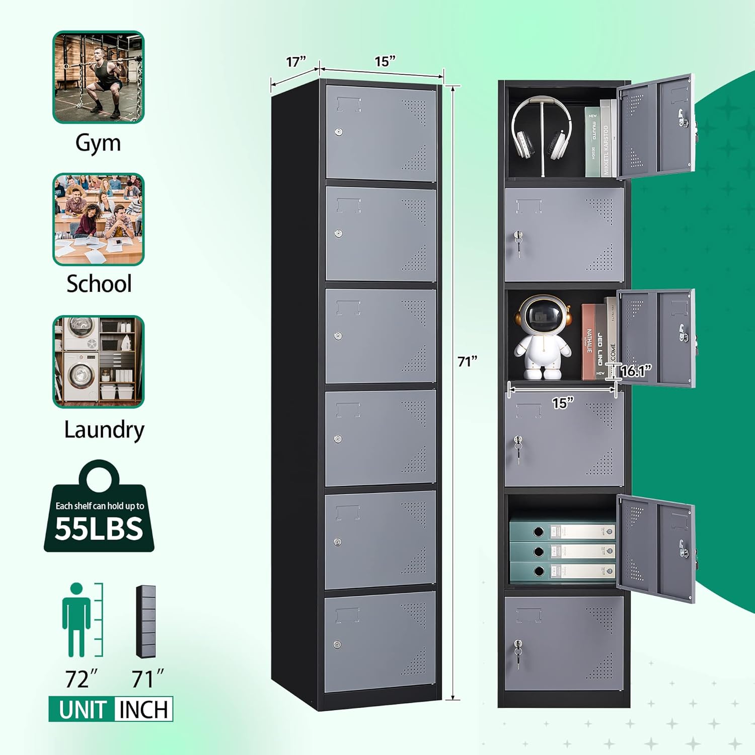 Metal Lockers for Employees,71" Steel Storage Cabinet with 6 Door Lockable for Office Staff,Home,Gym,School (Grey White)