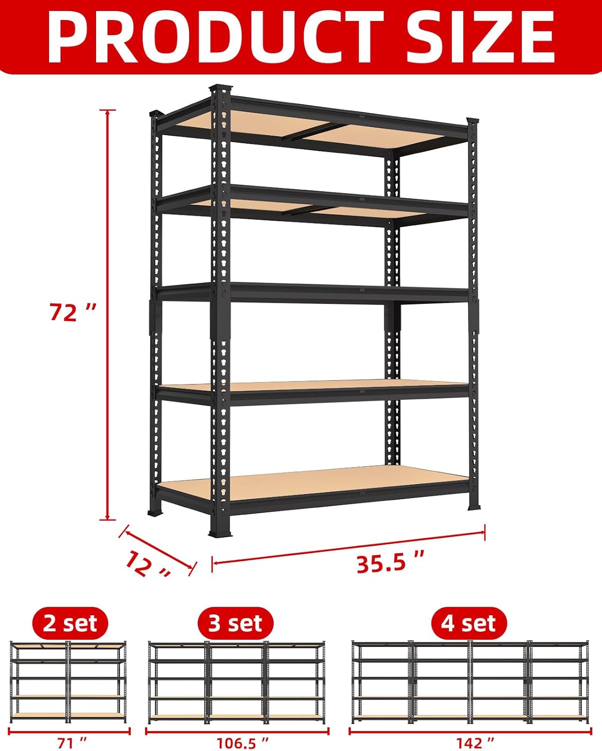 5-Tier Heavy Duty Metal Storage Shelves, Adjustable Utility Rack for Garage, Pantry & Closet, 28"W x 12"D x 59"H, Black