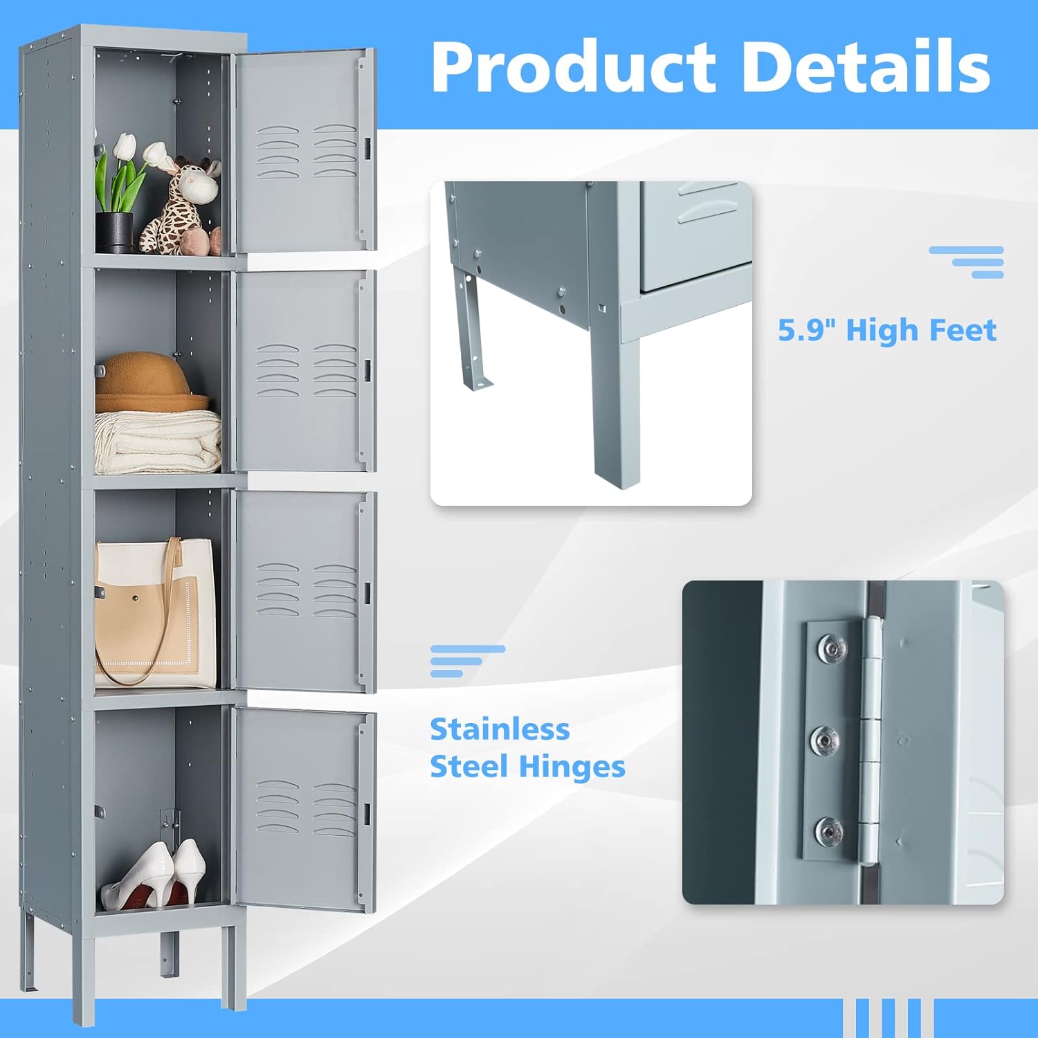 Storage Lockers with Lock Door,Metal Storage Cabinet 4 Tier for Employees, School,Gym, Home,Office(4 Door-Gray)