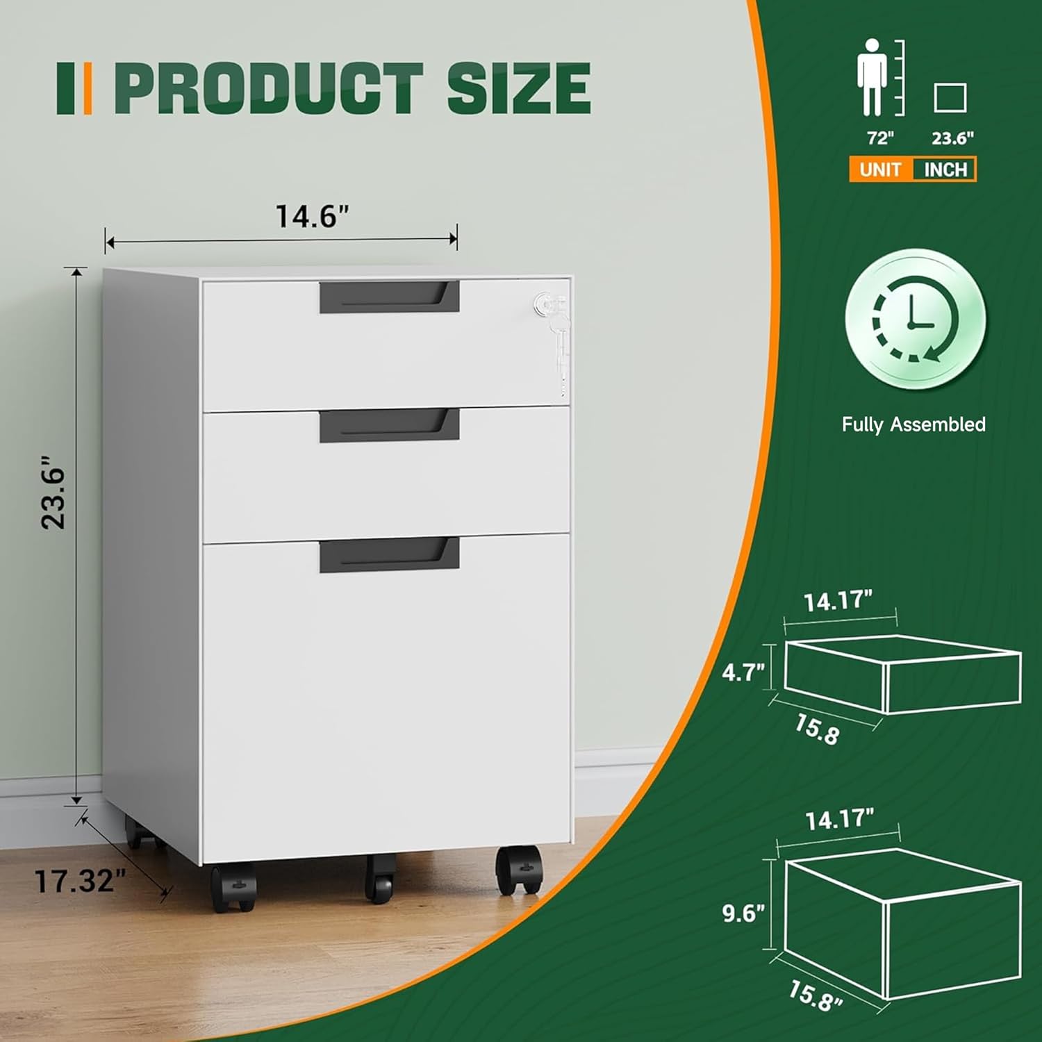 3 Drawer Mobile File Cabinet with Lock,Under Desk Metal Filing Cabinets for Home Office Organizer Letters/Legal/A4((Fully Assembled-Black)