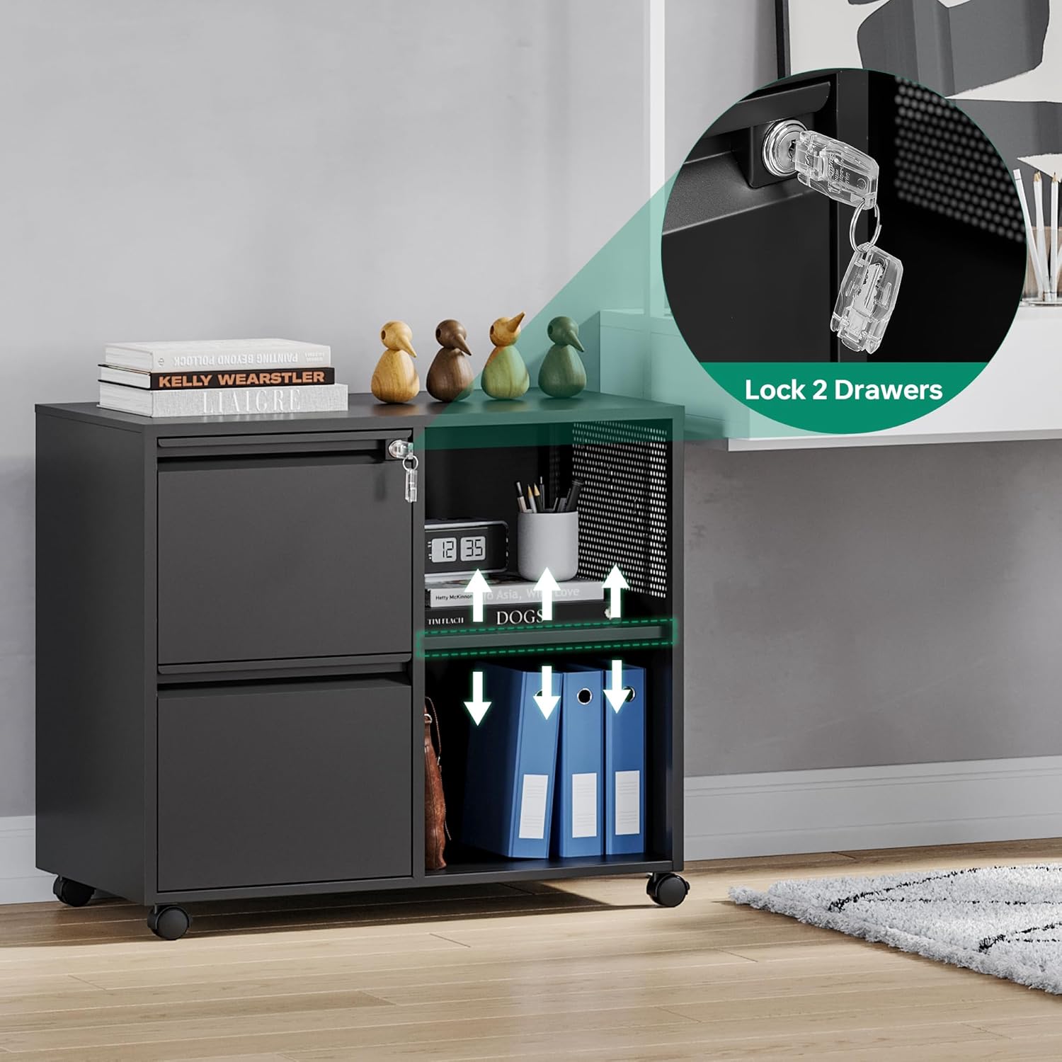 Mobile 3 Drawer File Cabinet with Lock-Metal Lateral Rolling Printer Stand Filing Cabinets for Home Office-Storage A4/F4/Letter (Black)