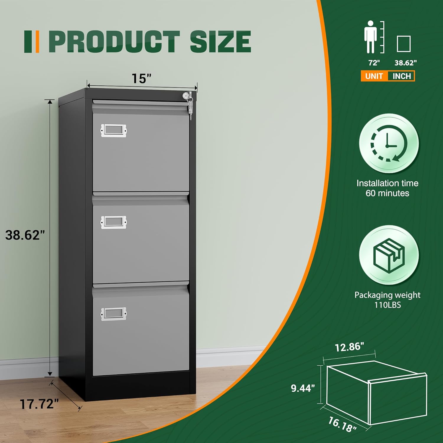 2 Drawer File Cabinet with Lock,Metal Office Small Filing Cabinets for Home Office,Storage Letter,Black-Easy Assemble