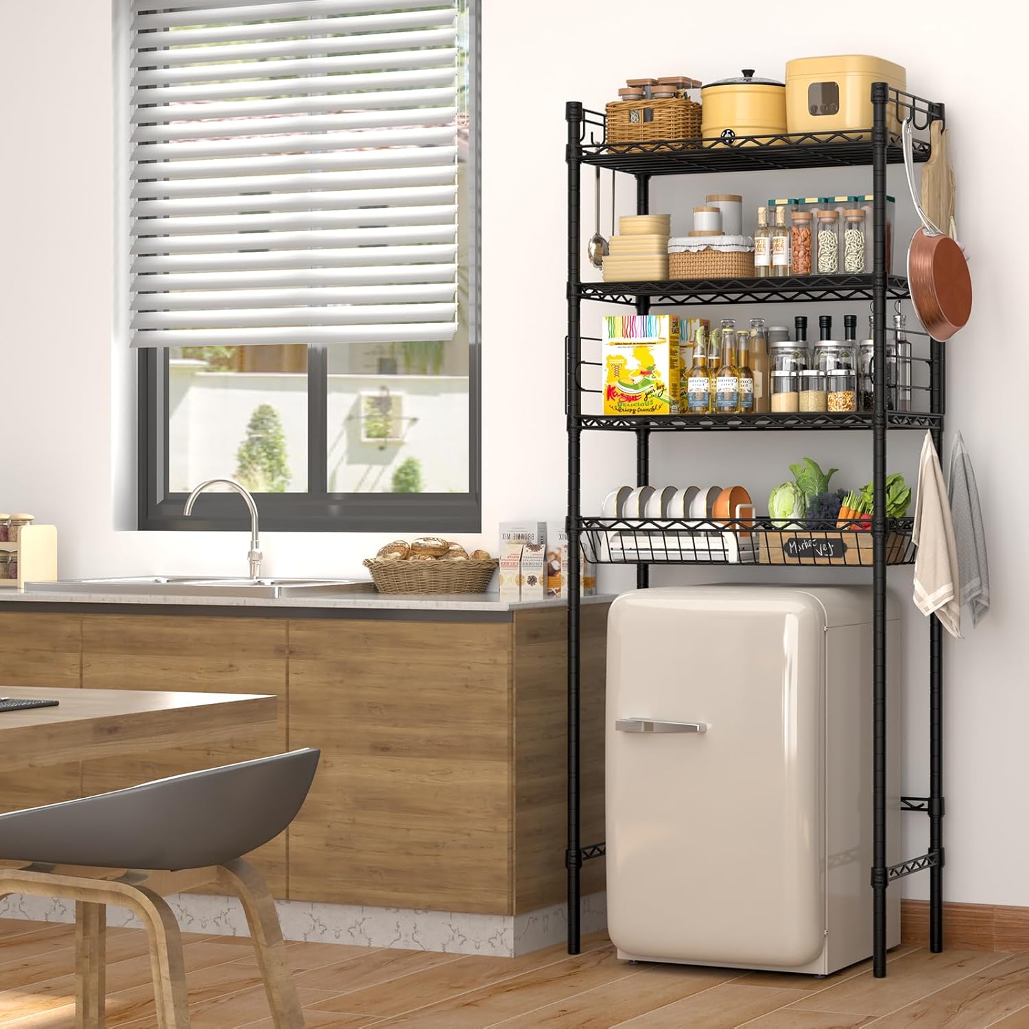 4-Tier Over-the-Toilet Storage Rack, Adjustable Freestanding Bathroom Shelf Organizer with Hooks for Bathroom & Laundry, Black