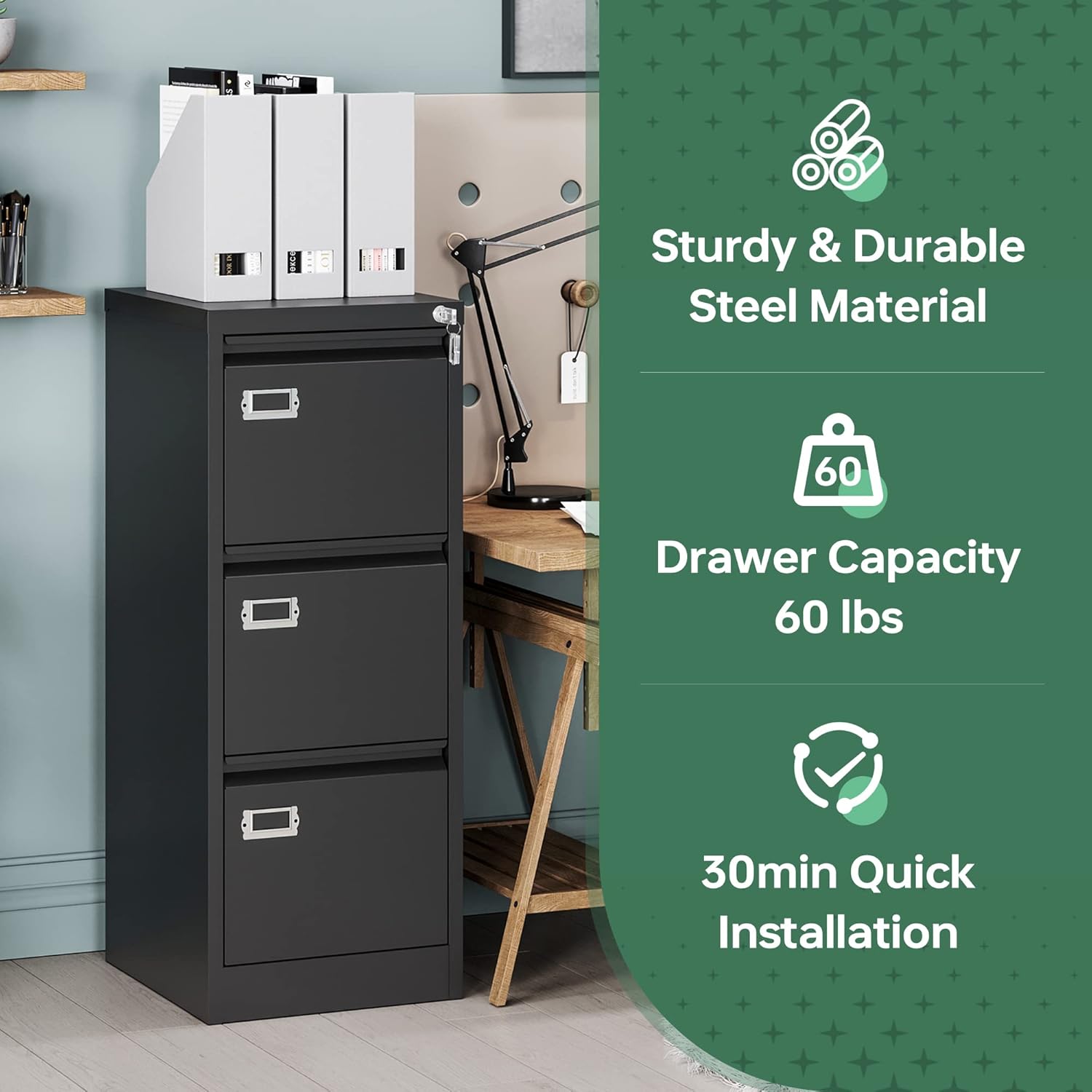 2 Drawer File Cabinet with Lock,Metal Office Small Filing Cabinets for Home Office,Storage Letter,Black-Easy Assemble