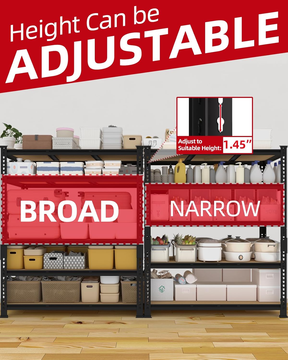 Adjustable Heavy Duty Metal Shelving Unit for Garage, Pantry & Basement Storage, 48"W x 24"D x 72"H, Black