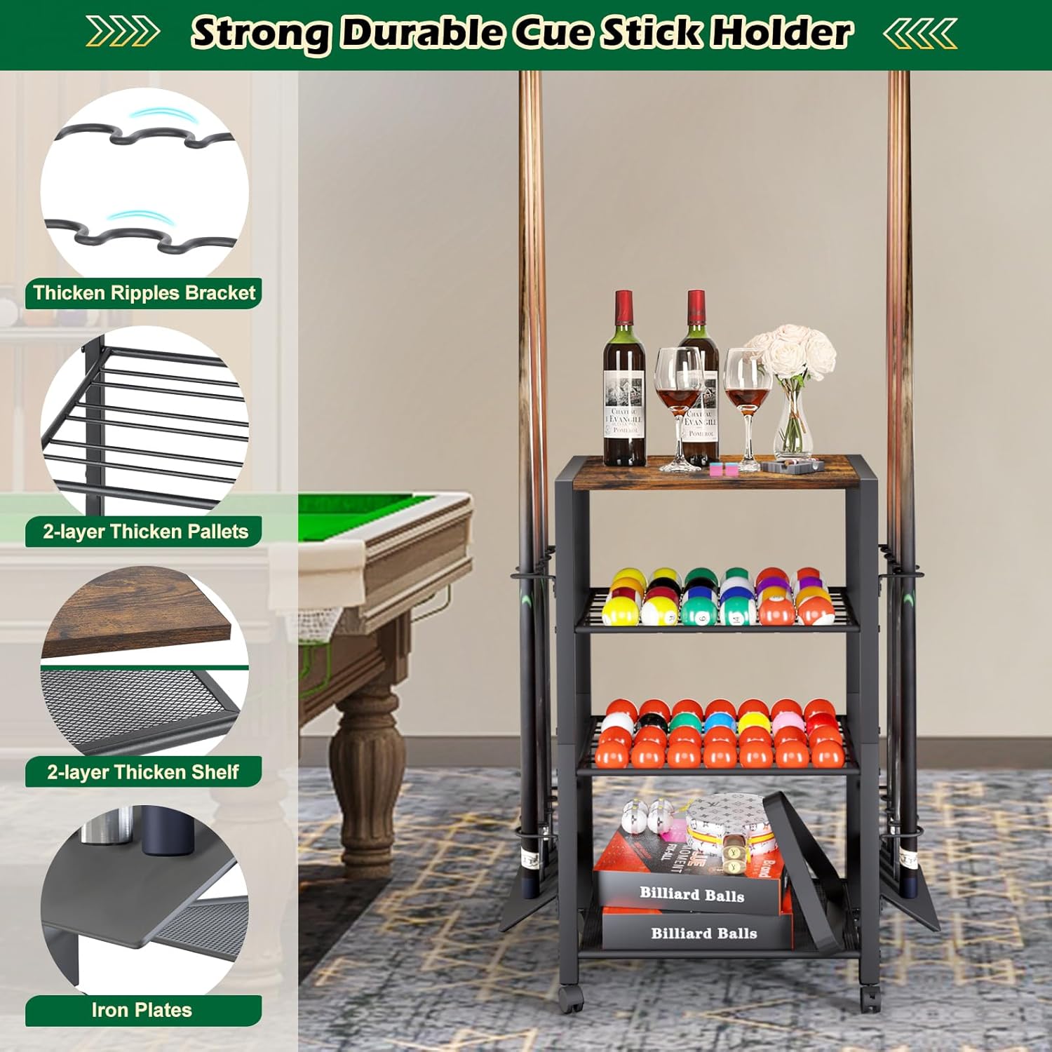 Pool Stick Holder Floor Stand up to 12 Cue Sticks, Pool Cue Holder with Balls Storage, Pool Table Accessories Stand Large Pool Cue Rack Equipment Organizer Cue Stick Holder for Billiard Game Room