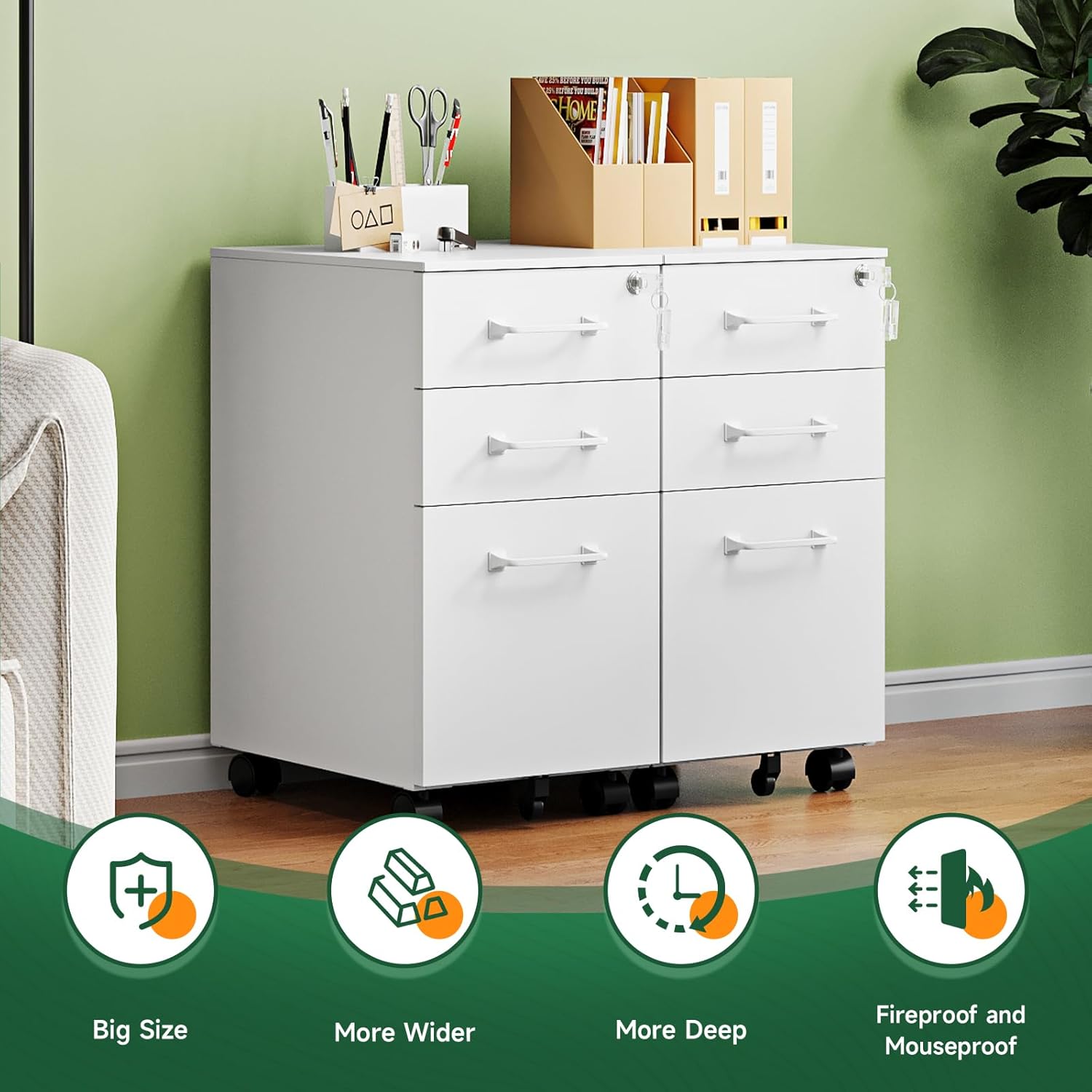 3 Drawer Mobile File Cabinet with Lock,Under Desk Metal Filing Cabinets for Home Office Organizer,Small Rolling Printer Stand with Wheels,for Letters/Legal/A4(Assembly Required) (White)