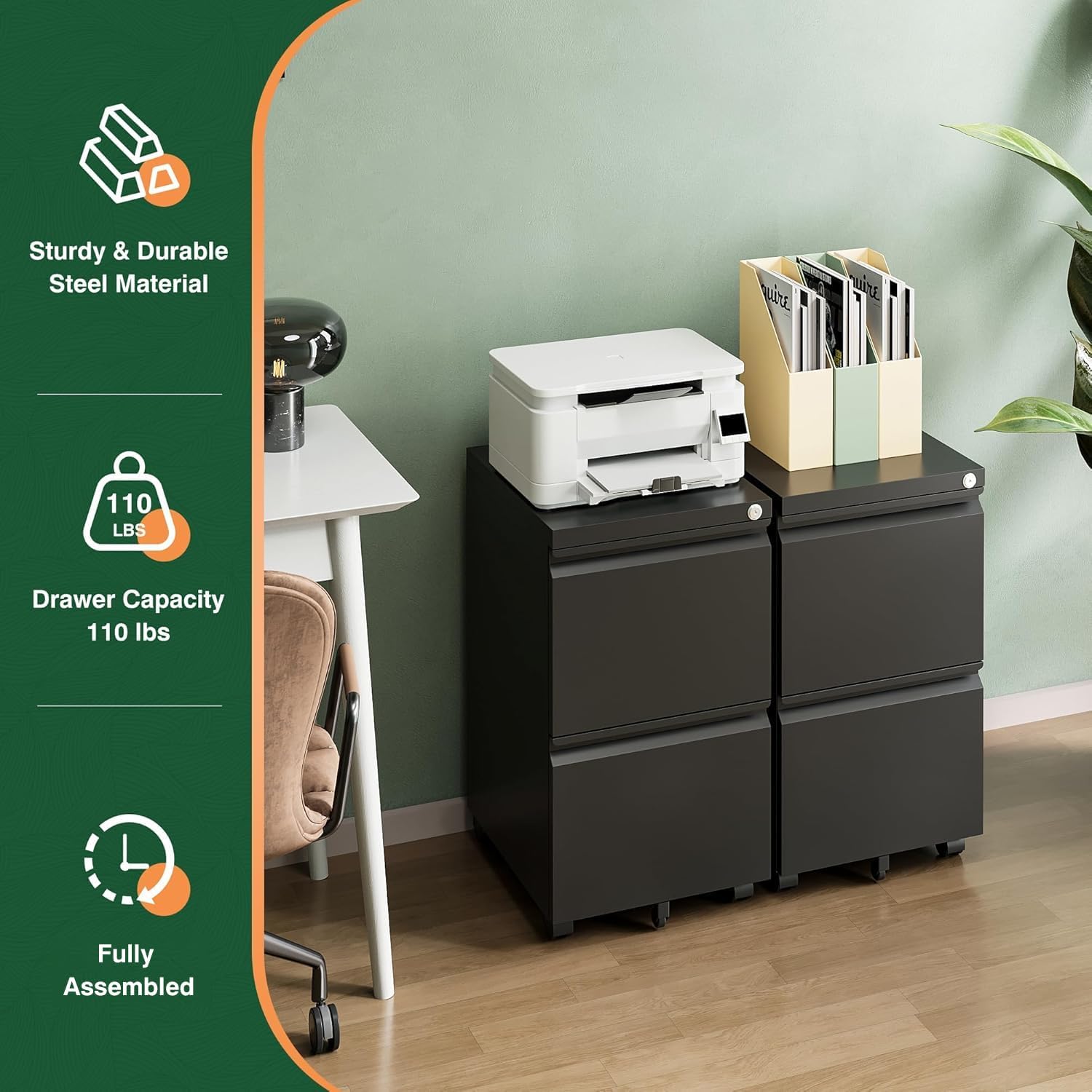3 Drawer Mobile File Cabinet with Lock,Under Desk Metal Filing Cabinets for Home Office Organizer Letters/Legal/A4((Fully Assembled-Black)