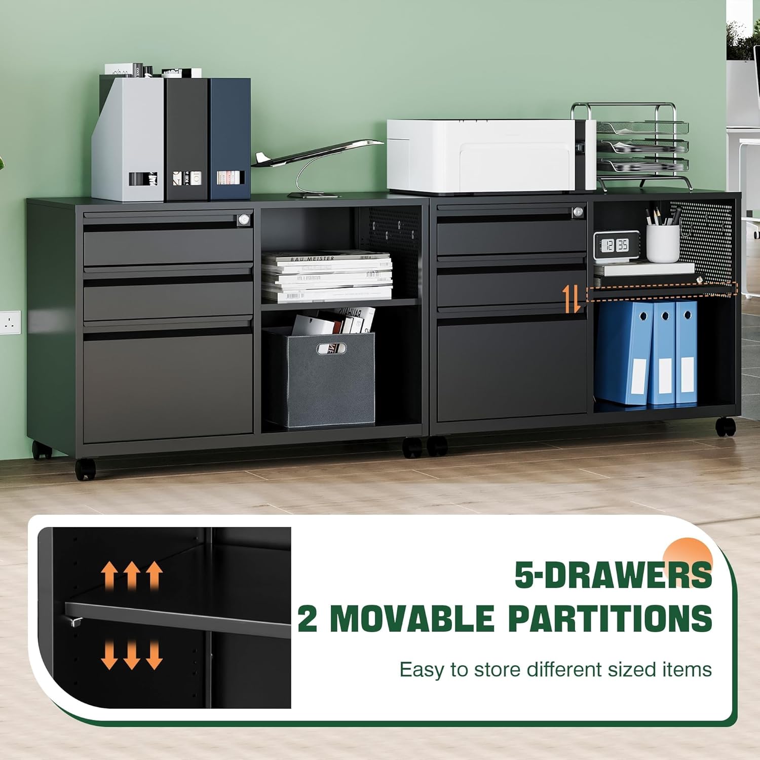 Mobile 3 Drawer File Cabinet with Lock-Metal Lateral Rolling Printer Stand Filing Cabinets for Home Office-Storage A4/F4/Letter (Black)