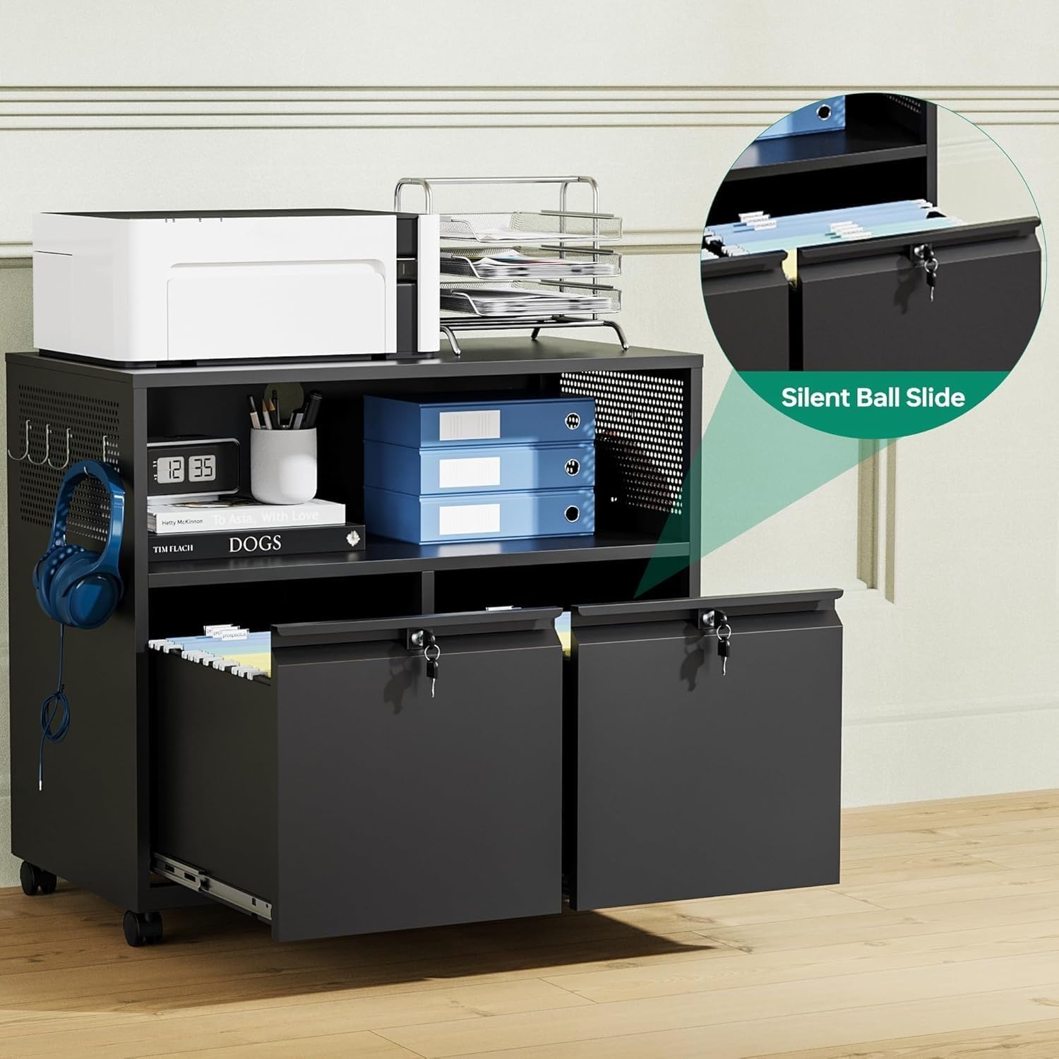 Mobile 3 Drawer File Cabinet with Lock-Metal Lateral Rolling Printer Stand Filing Cabinets for Home Office-Storage A4/F4/Letter (Black)