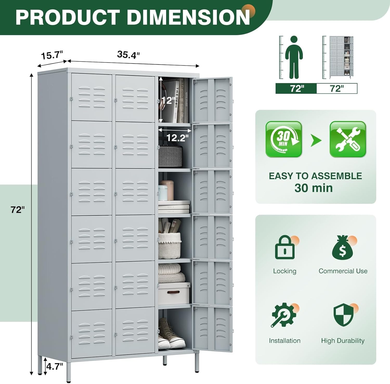 Metal Lockers for Employees-6 Door Storage Locker with Shelves and Lockable Steel Cabinet for School,Gym,Office,Staff (Gray, 6 Door)