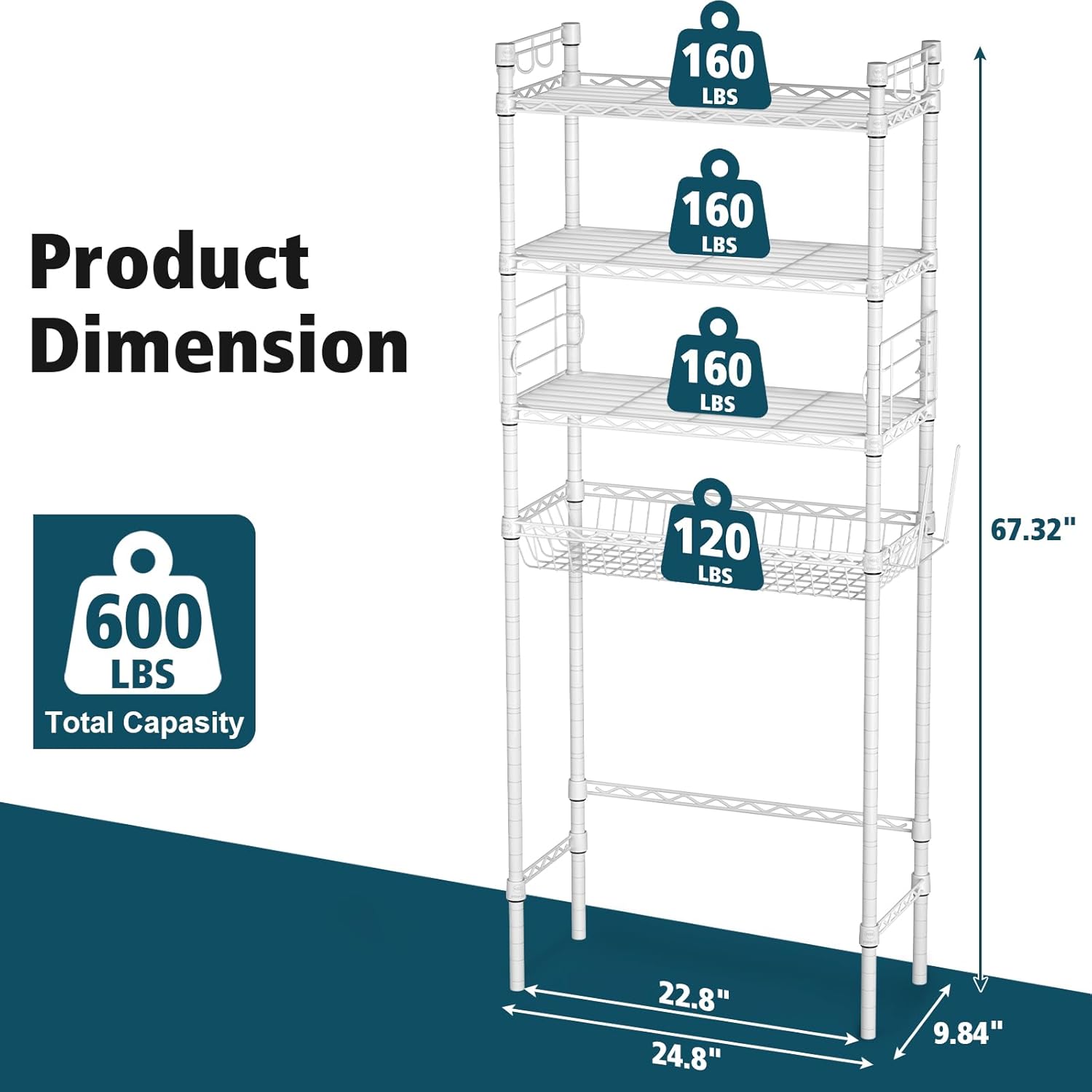 4-Tier Over-the-Toilet Storage Rack, Adjustable Freestanding Bathroom Shelf Organizer with Hooks for Bathroom & Laundry, Black