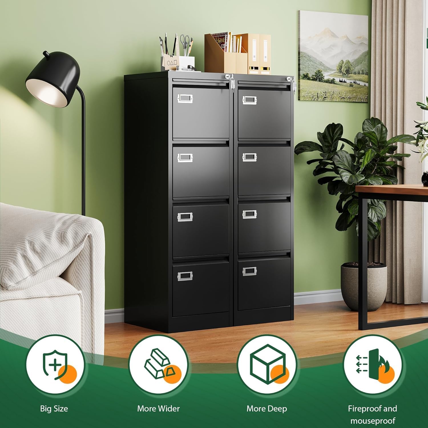 2 Drawer File Cabinet with Lock,Metal Office Small Filing Cabinets for Home Office,Storage Letter,Black-Easy Assemble