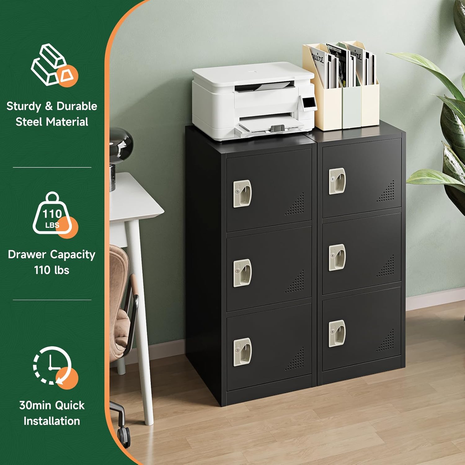 3 Door File Cabinet with Lock,4 Tier Metal Office Storage Small Filing Cabinets for Home Office,Easy Assemble