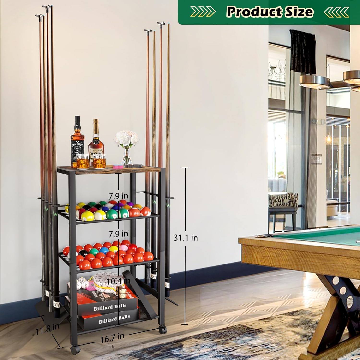 Pool Stick Holder Floor Stand up to 12 Cue Sticks, Pool Cue Holder with Balls Storage, Pool Table Accessories Stand Large Pool Cue Rack Equipment Organizer Cue Stick Holder for Billiard Game Room