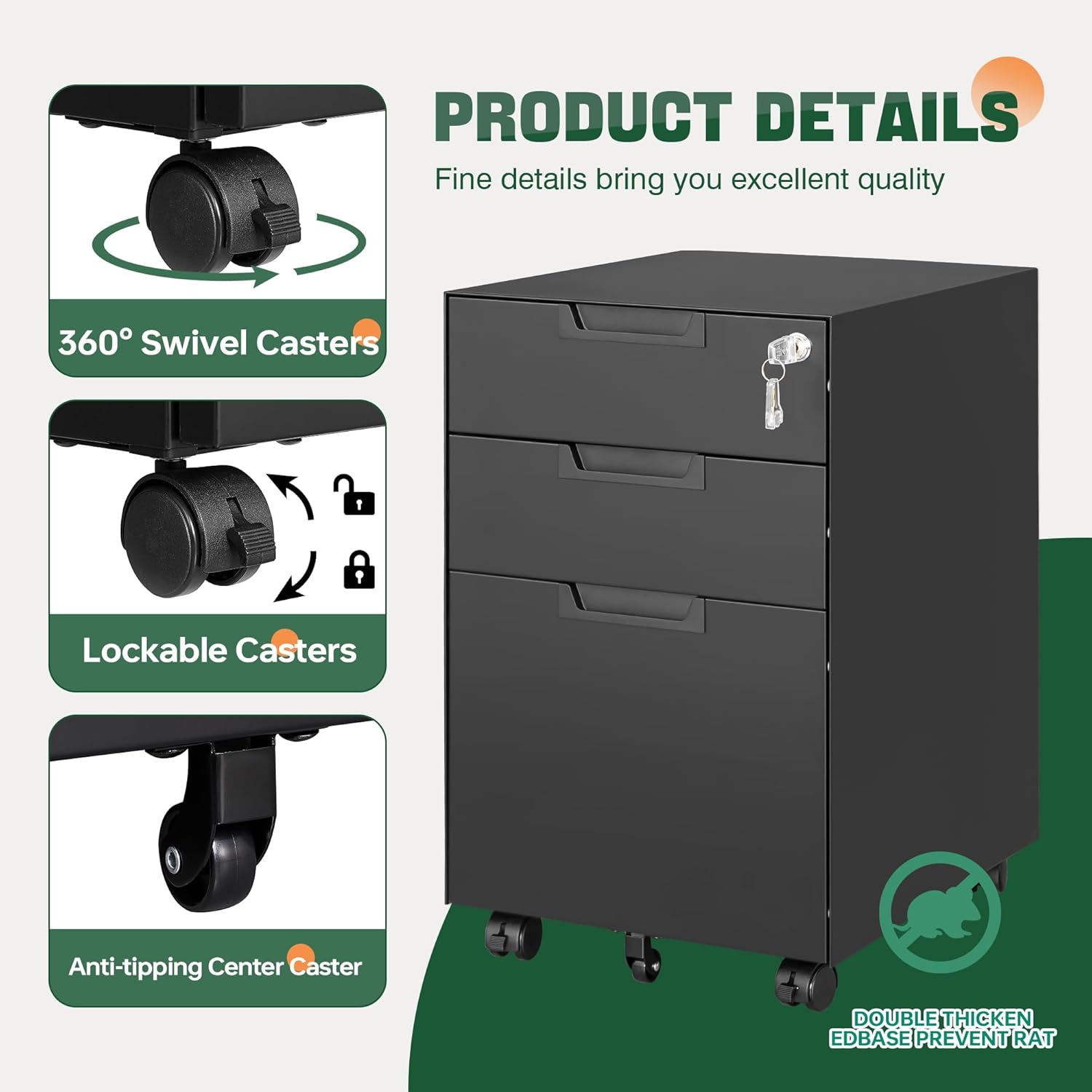 3 Drawer Mobile File Cabinet with Lock,Under Desk Metal Filing Cabinets for Home Office Organizer Letters/Legal/A4((Fully Assembled-Black)