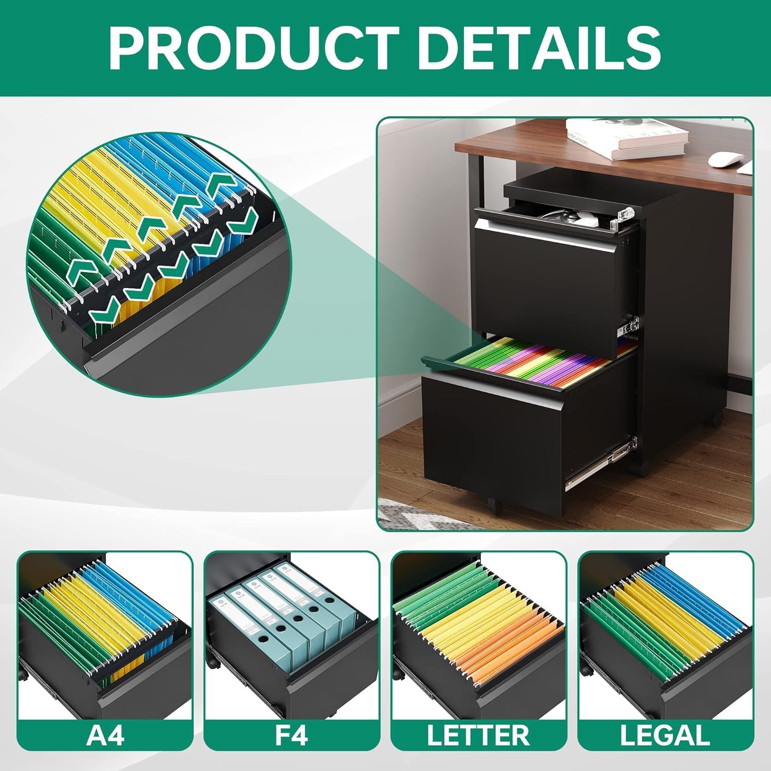 3 Drawer Mobile File Cabinet with Lock,Under Desk Metal Filing Cabinets for Home Office Organizer Letters/Legal/A4((Fully Assembled-Black)