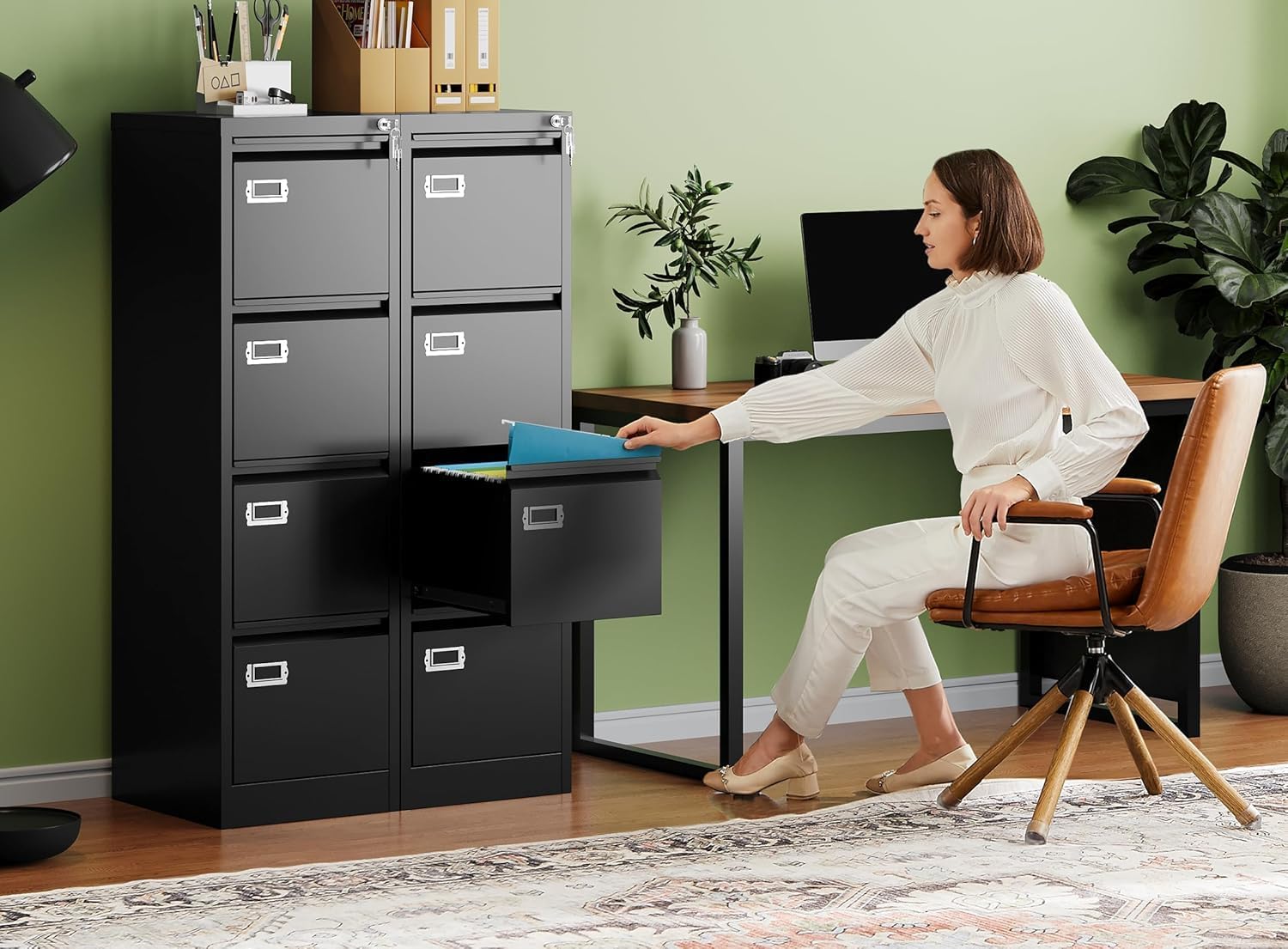 2 Drawer File Cabinet with Lock,Metal Office Small Filing Cabinets for Home Office,Storage Letter,Black-Easy Assemble