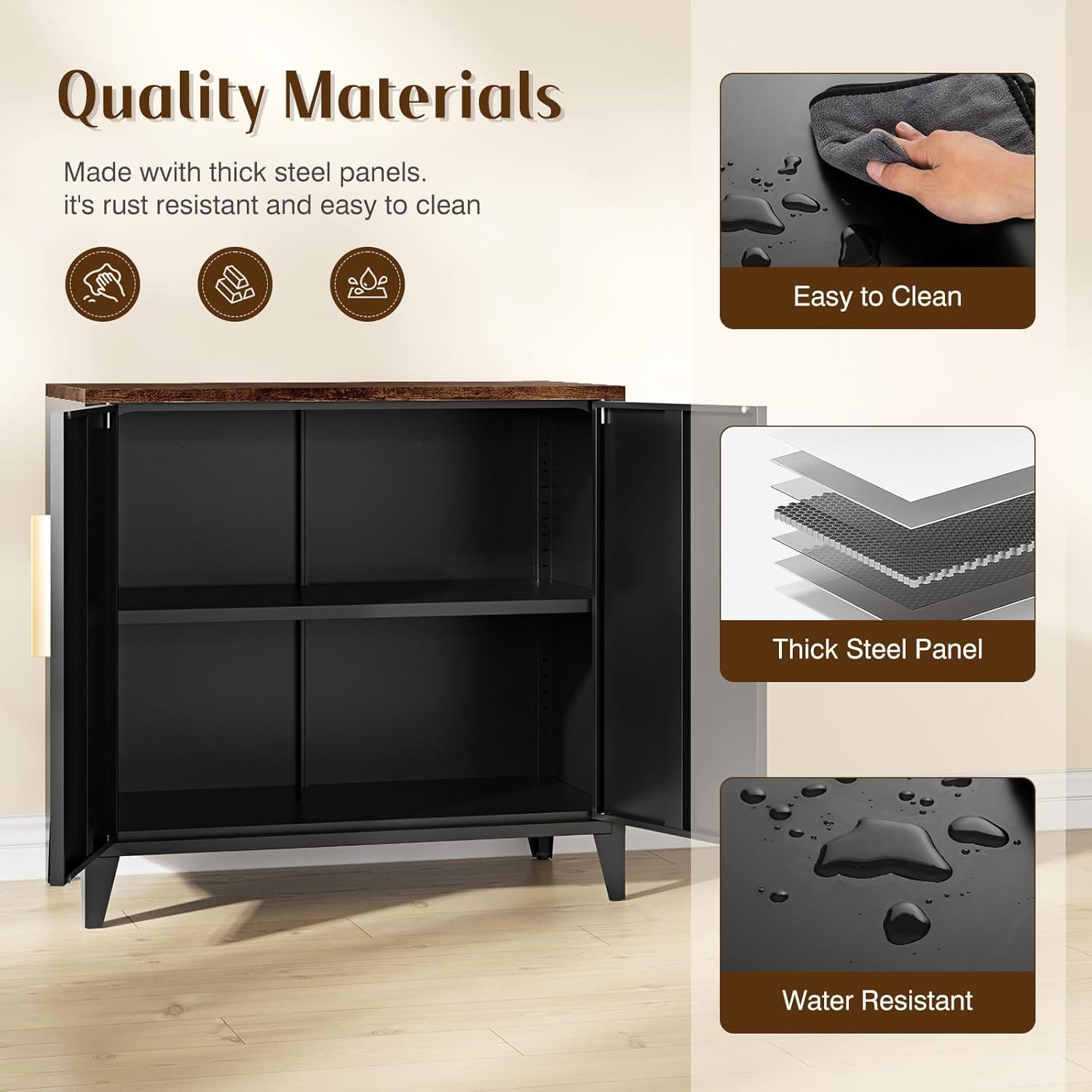 Metal Storage Cabinet with 2 Doors and Shelves 16" Dx 32" Wx30 H,Small Buffet Sideboard Short Cabinet for Kitchen Dining,Office Credenza Locker Modern Coffee Bar,Entryway Bathroom(Black)