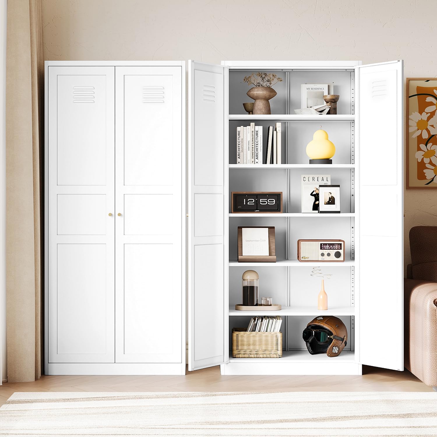 Storage Cabinet with Doors and Shelves,Small Freestanding Bathroom Floor Metal Cabinets -White