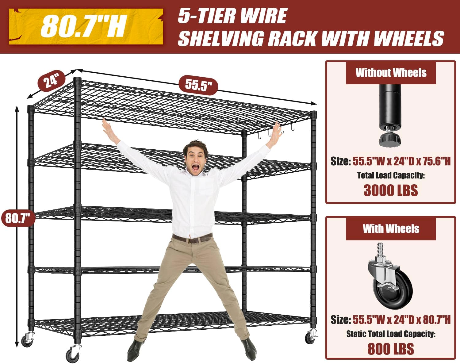 6-Tier Heavy Duty Wire Shelving with Wheels, Adjustable NSF-Certified Steel Storage Rack for Kitchen, Garage & Laundry, 36"W x 16"D x 79"H
