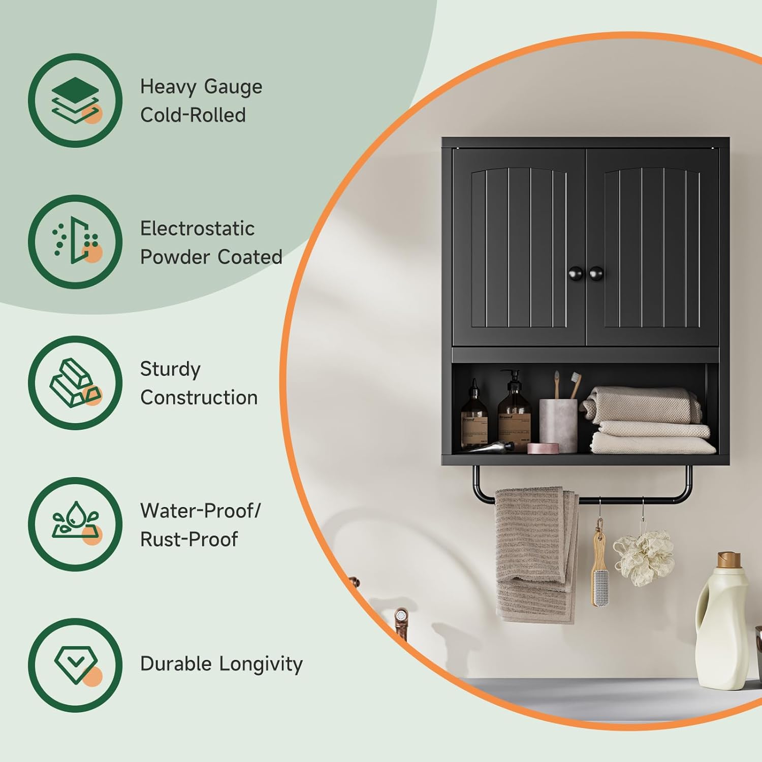 Metal Bathroom Wall Cabinet with 2 Doors,Medicine Cabinet with Towel Rack,Wall Mounted Storage Cabinet (Black)