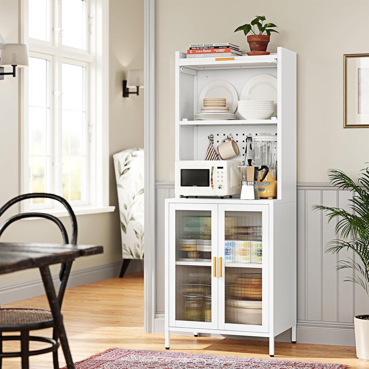 Kitchen Pantry Cabinet,72.6" Tall Kitchen Bakers Rack with Storage, Coffee Hutch with countertop,Metal Microwave Stand with Glass Doors for Dining Room, Laundry, Hallway,White