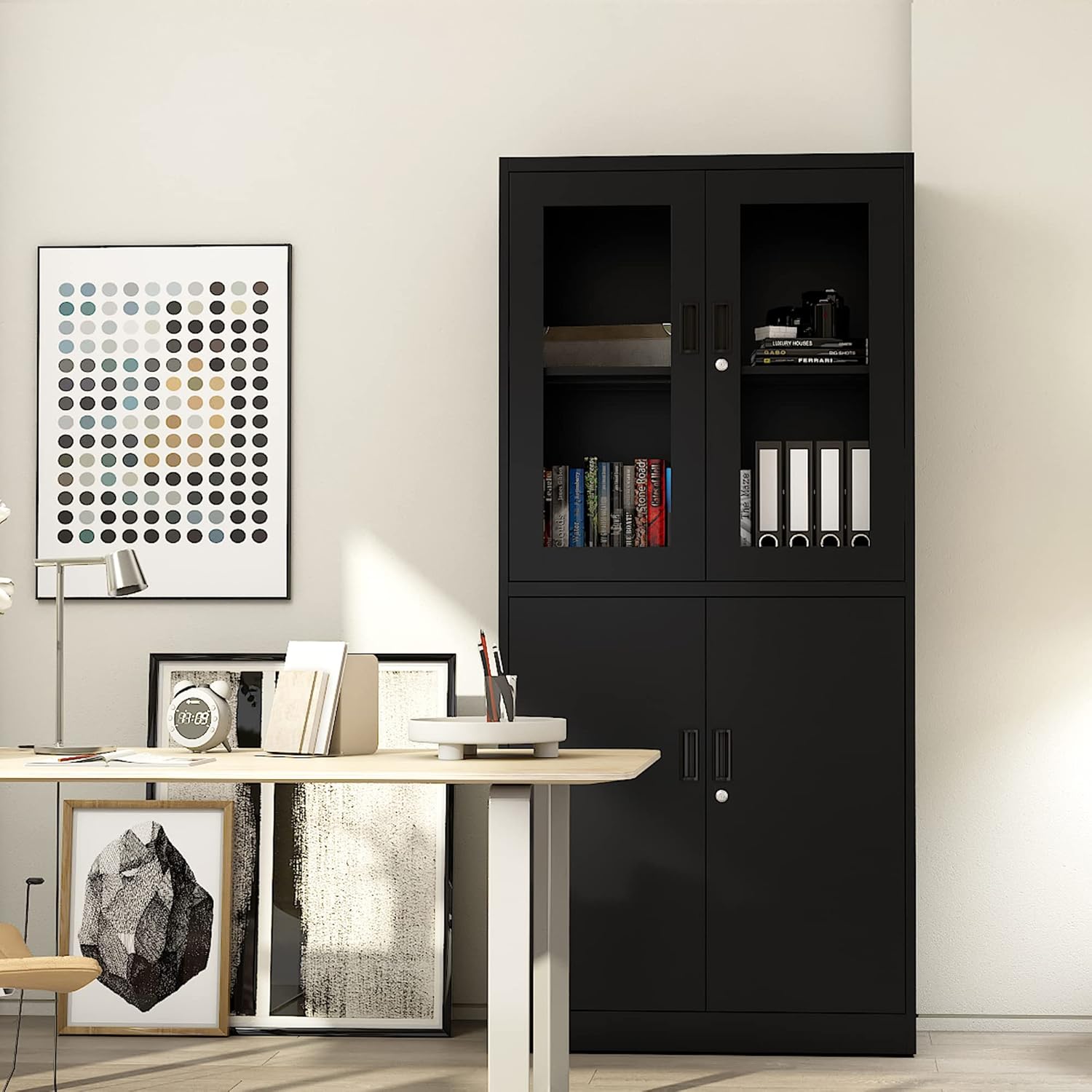 Storage Cabinet with Doors and Shelves,71" Steel Locker Acrylic Glass Door with Lock, for School Home Office