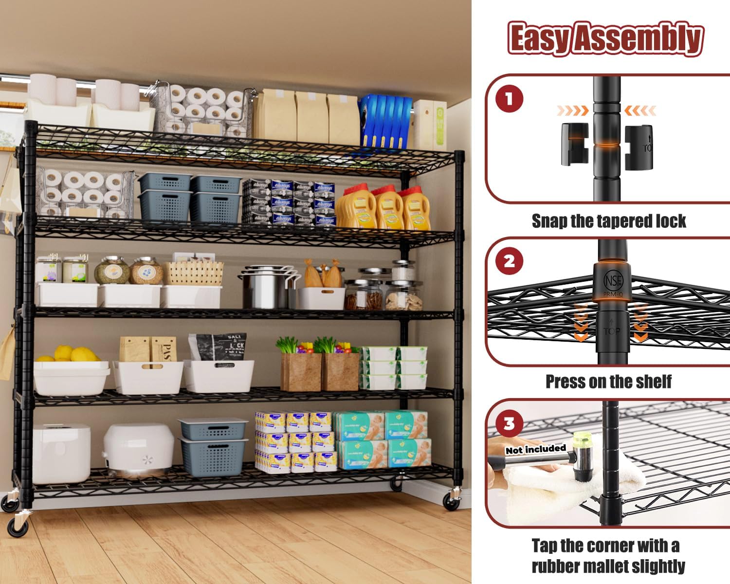 6-Tier Heavy Duty Wire Shelving with Wheels, Adjustable NSF-Certified Steel Storage Rack for Kitchen, Garage & Laundry, 36"W x 16"D x 79"H