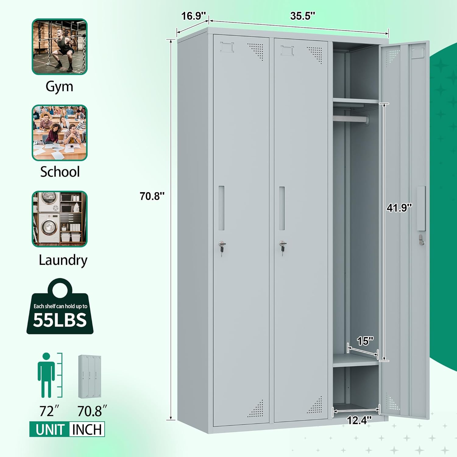 Metal Lockers for Employees,71" Steel Storage Cabinet with 6 Door Lockable for Office Staff,Home,Gym,School (Grey White)