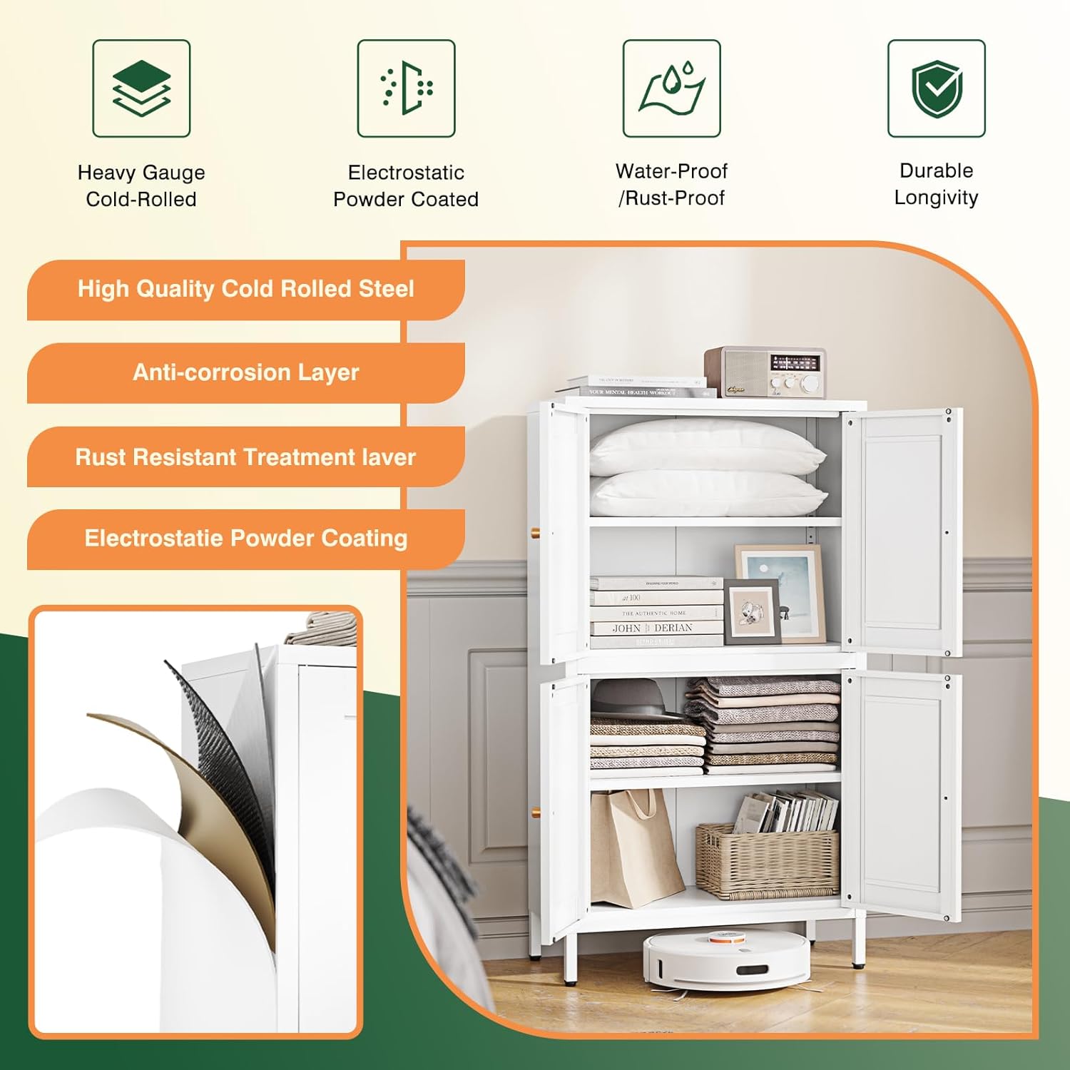 Storage Cabinet with Doors and Shelves,Small Freestanding Bathroom Floor Metal Cabinets -White