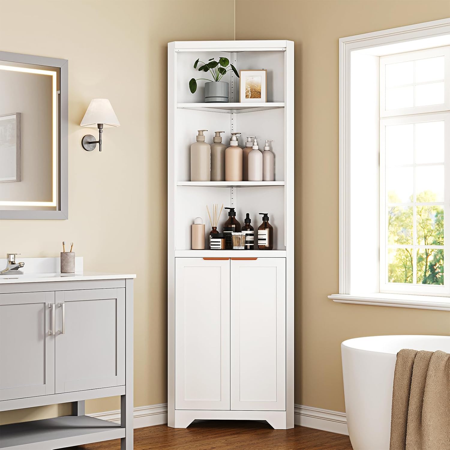 Corner Storage Cabinet with 2 Doors and 3 Shelves,Metal White Tall Corner Cabinets for Home Kitchen