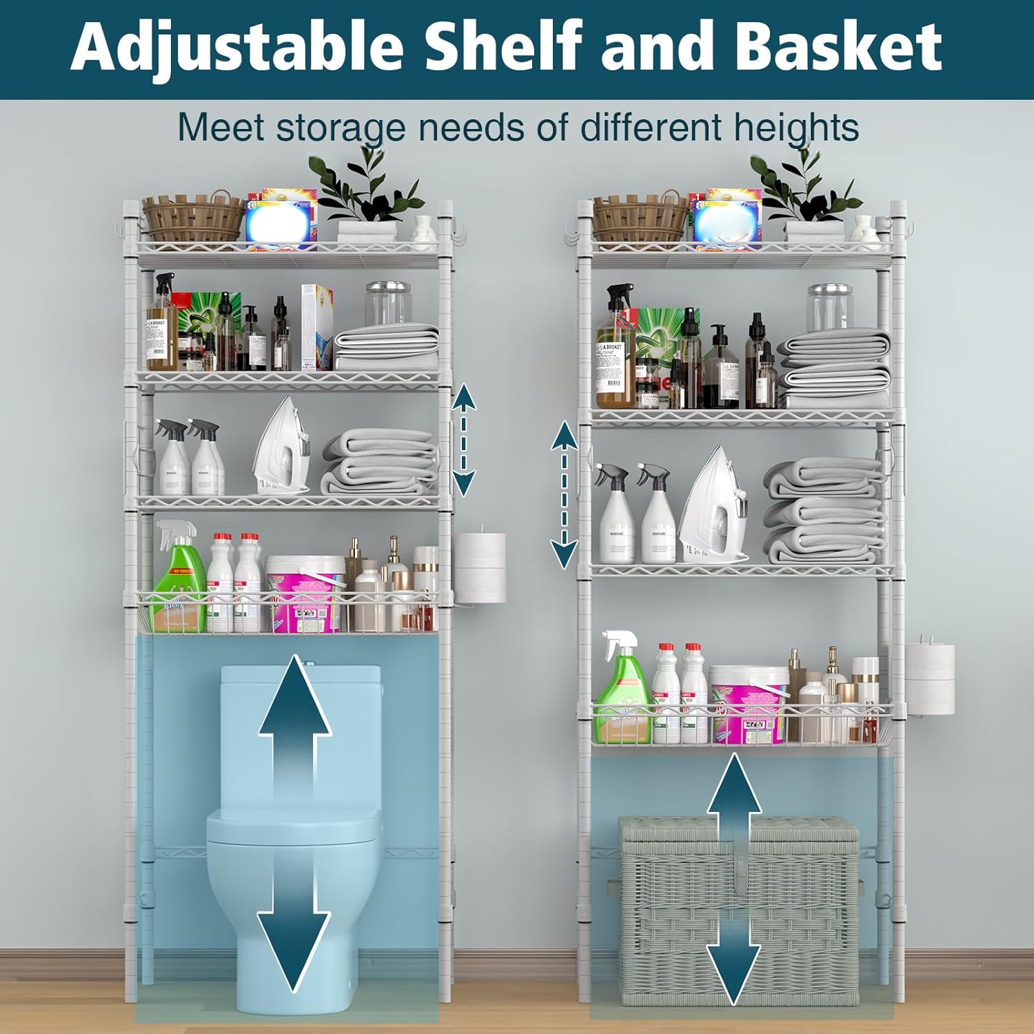 4-Tier Over-the-Toilet Storage Rack, Adjustable Freestanding Bathroom Shelf Organizer with Hooks for Bathroom & Laundry, Black