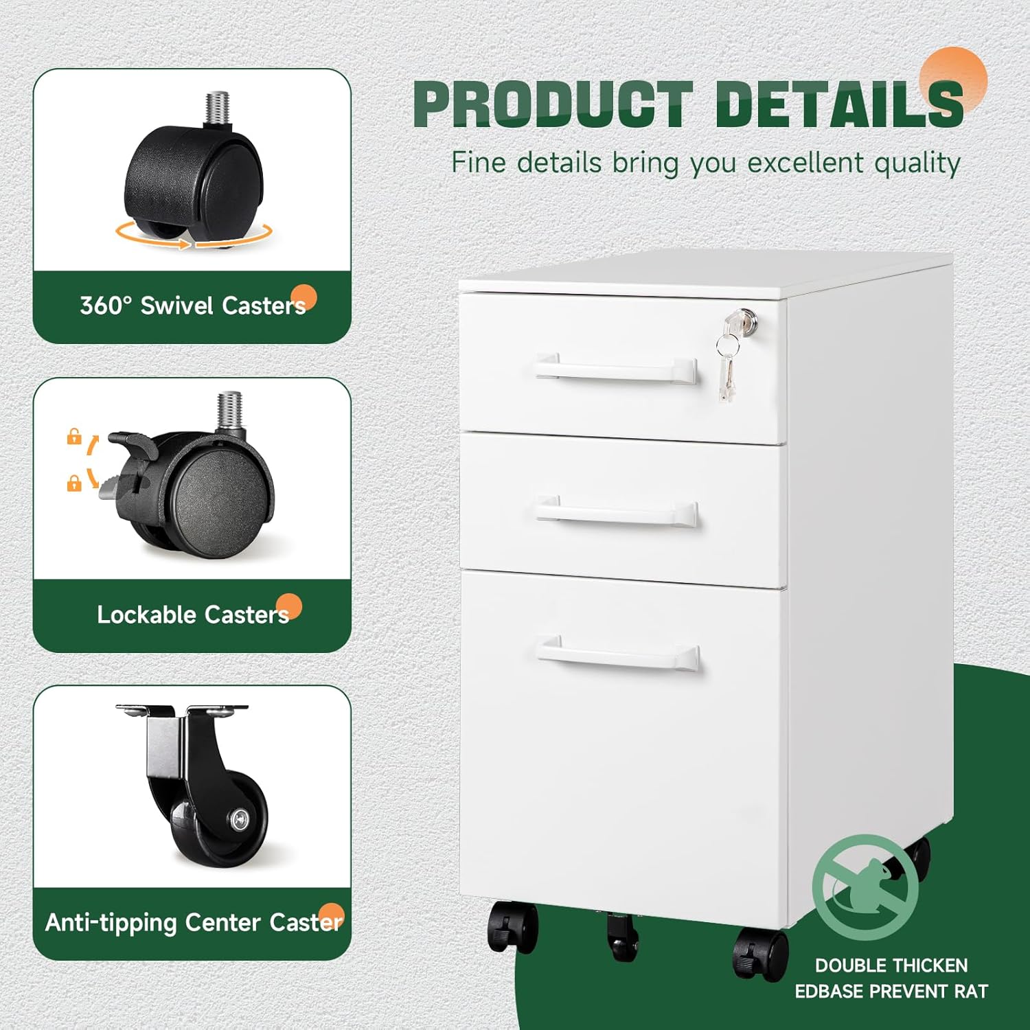 3 Drawer Mobile File Cabinet with Lock,Under Desk Metal Filing Cabinets for Home Office Organizer,Small Rolling Printer Stand with Wheels,for Letters/Legal/A4(Assembly Required) (White)