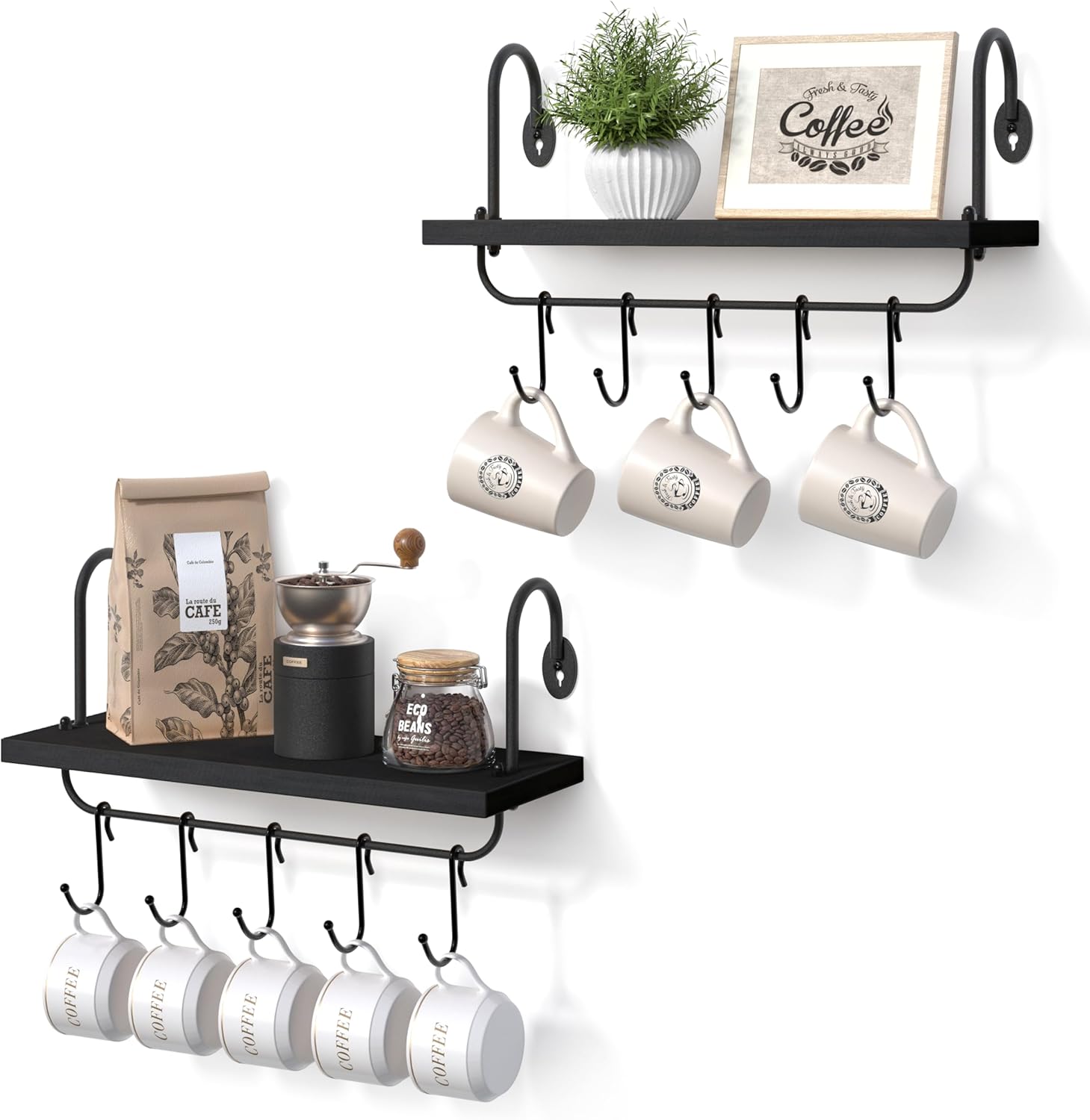 Coffee Mug Cup Holder Wall Mount, Floating Wall Shelves for Coffee Bar Organizer and Decor, Mug Rack Shelf with 10 Hooks for Kitchen Bathroom Coffee Bar Accessories Set of 2 (Carbonized Black)