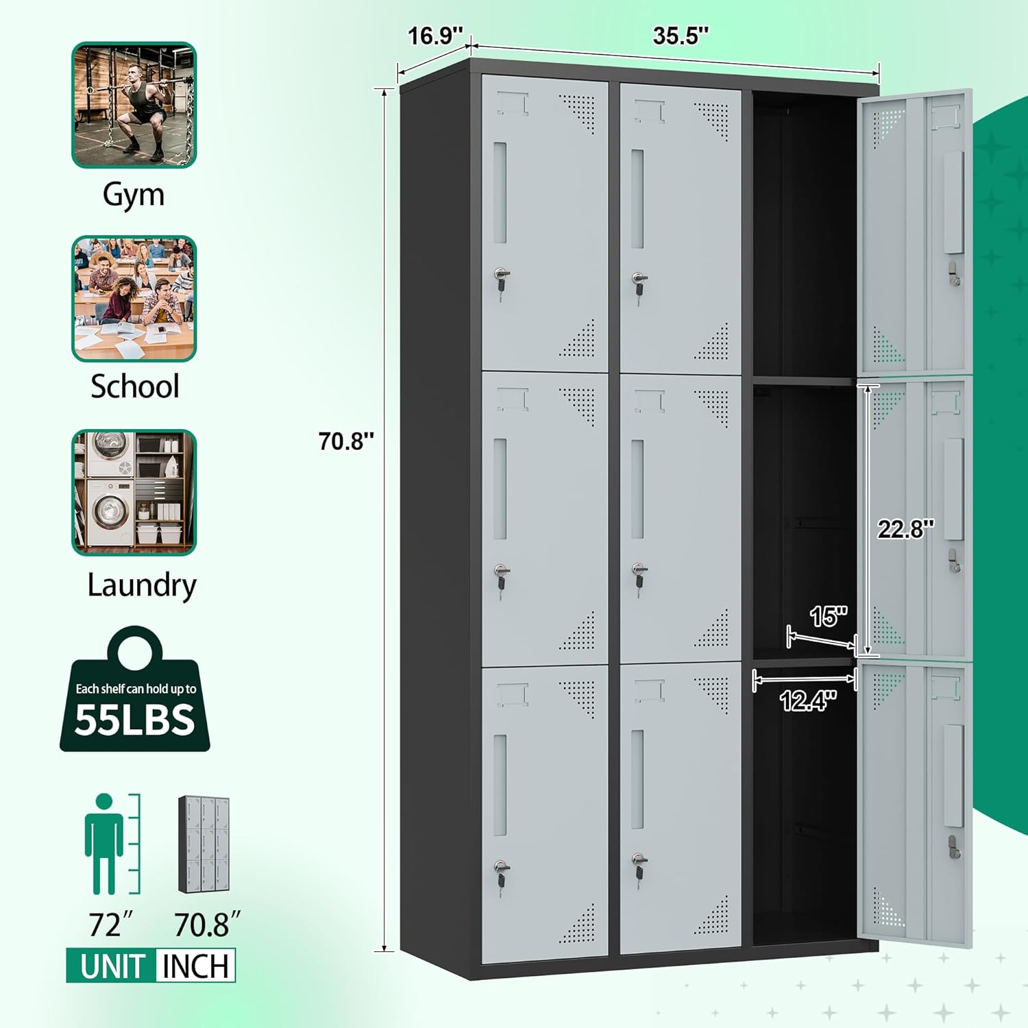 Metal Lockers for Employees,71" Steel Storage Cabinet with 6 Door Lockable for Office Staff,Home,Gym,School (Grey White)