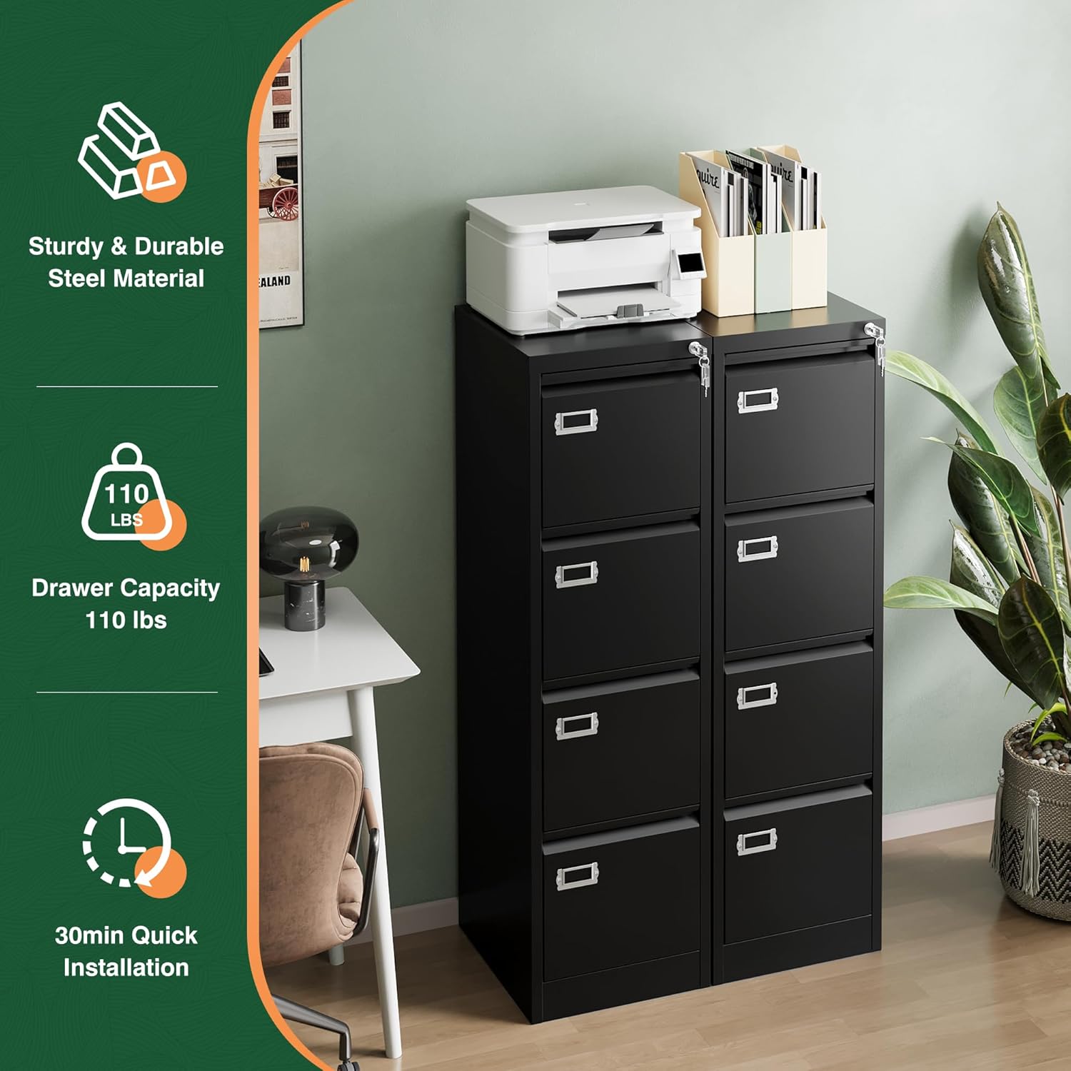 4 Drawer File Cabinet with Lock,Metal Office Filing Cabinets for Home Office- Storage A4/F4/Letter/Legal -Assembly Required (Black)