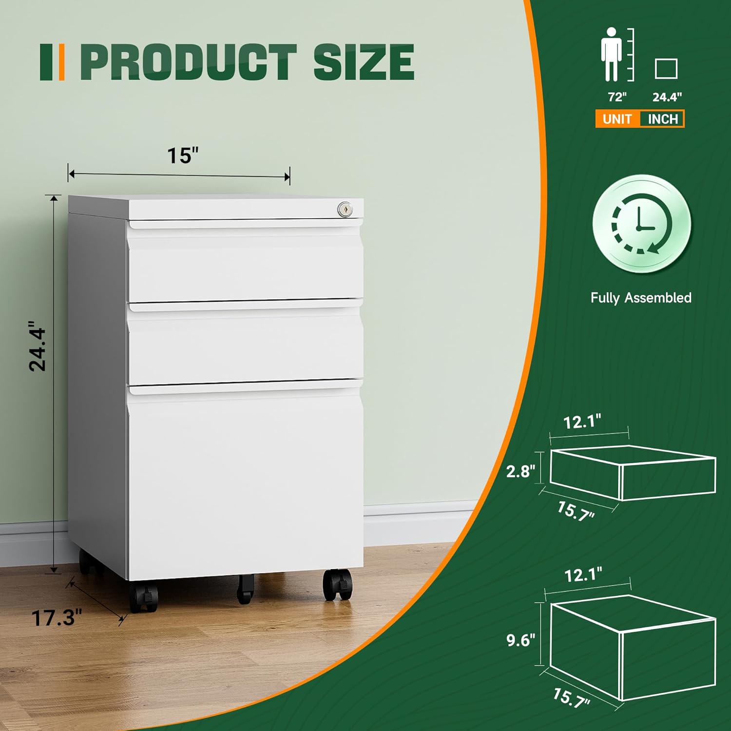 3 Drawer Mobile File Cabinet with Lock,Under Desk Metal Filing Cabinets for Home Office Organizer Letters/Legal/A4((Fully Assembled-Black)