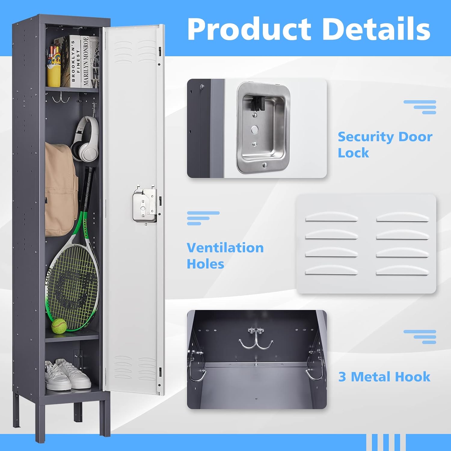 Storage Lockers with Lock Door,Metal Storage Cabinet 4 Tier for Employees, School,Gym, Home,Office(4 Door-Gray)