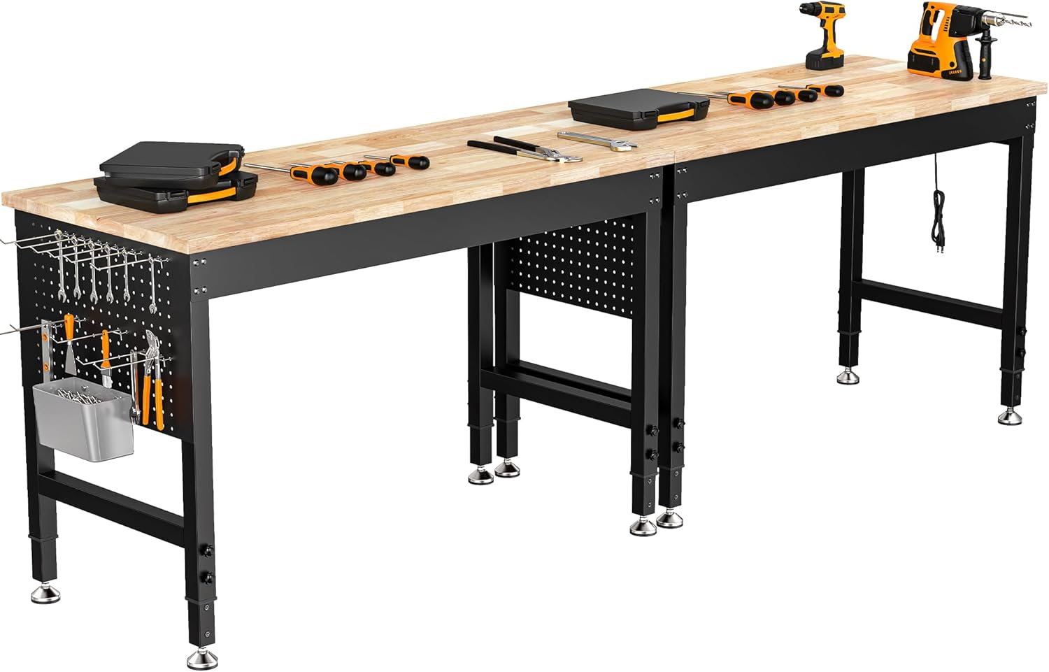 96" Adjustable Heavy Duty Workbench, 2000 lbs Load Rubberwood Work Table with Pegboard & Power Outlets for Garage, Workshop & Commercial Use