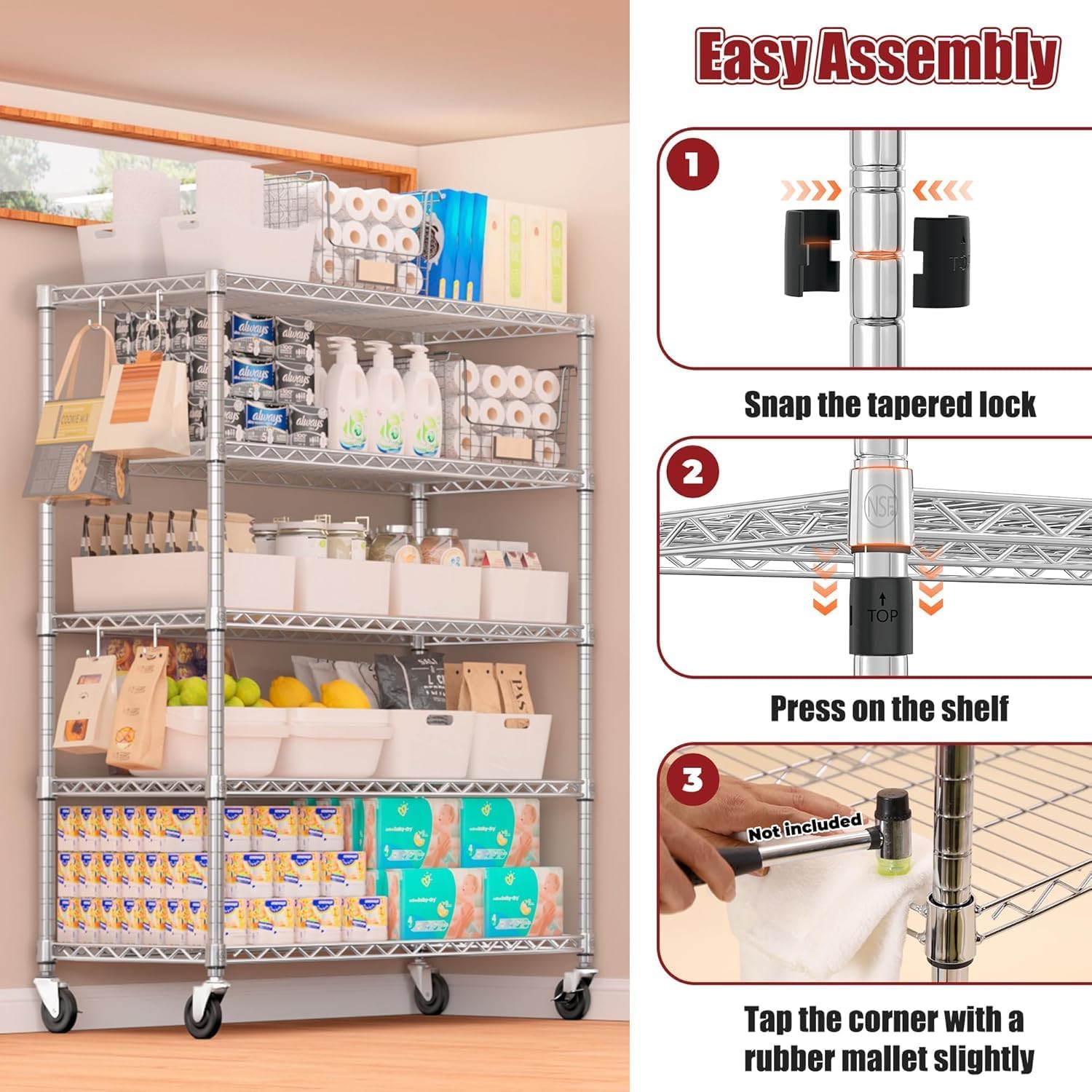 5-Tier Heavy Duty Wire Shelving with Wheels, Adjustable NSF-Certified Rolling Storage Rack for Kitchen, Garage & Laundry, 36"W x 14"D x 74"H