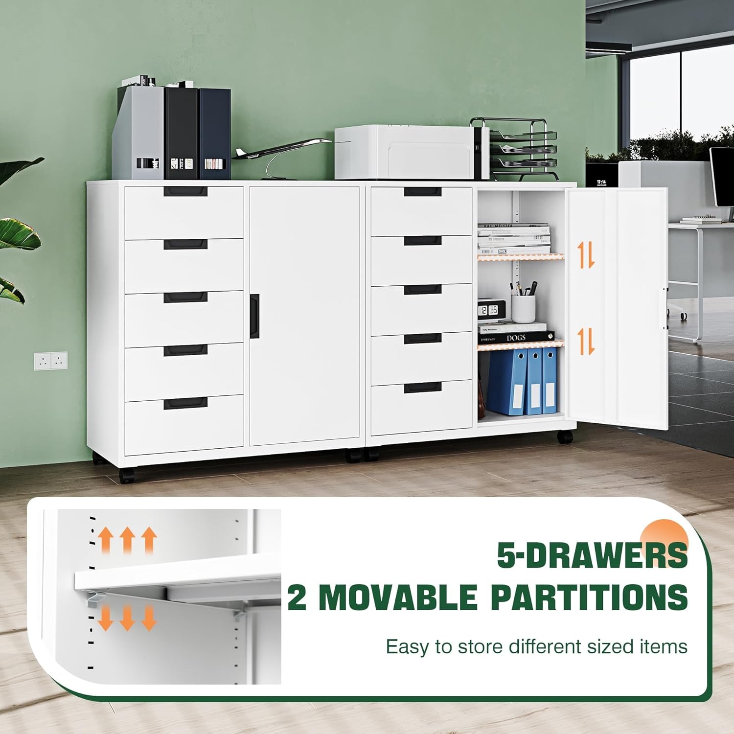 5 Drawer Storage Cabinet, Mobile Printer Stand for Home Office,Dresser Chest with Shelves and Door(Black)