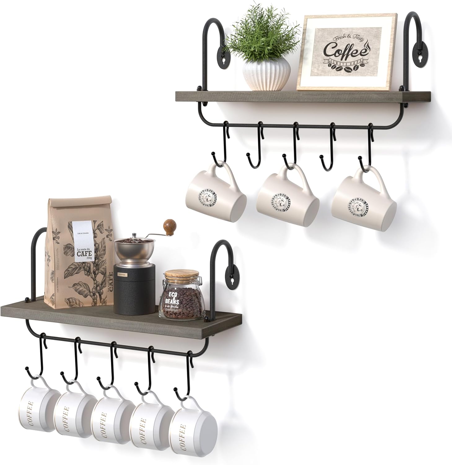 Coffee Mug Cup Holder Wall Mount, Floating Wall Shelves for Coffee Bar Organizer and Decor, Mug Rack Shelf with 10 Hooks for Kitchen Bathroom Coffee Bar Accessories Set of 2 (Carbonized Black)