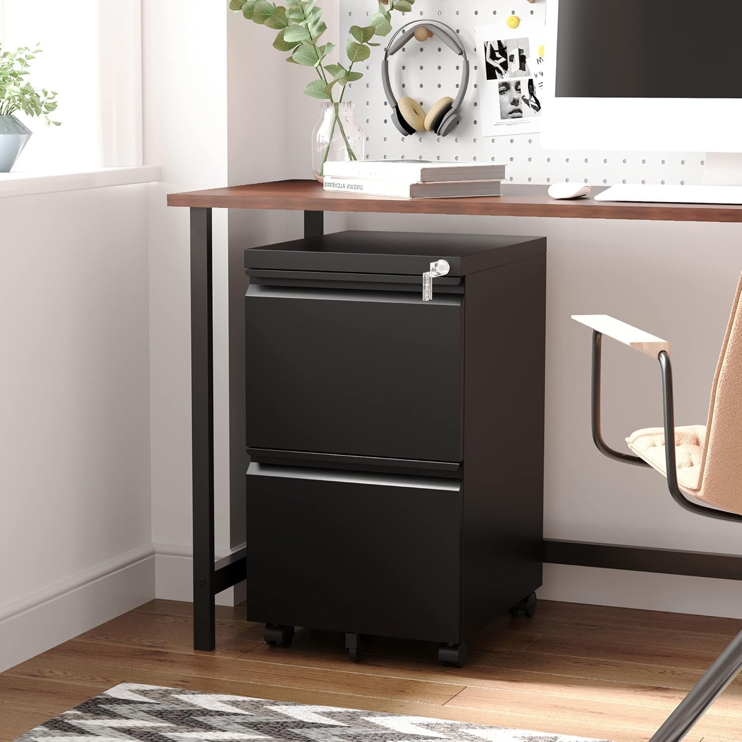 3 Drawer Mobile File Cabinet with Lock,Under Desk Metal Filing Cabinets for Home Office Organizer Letters/Legal/A4((Fully Assembled-Black)