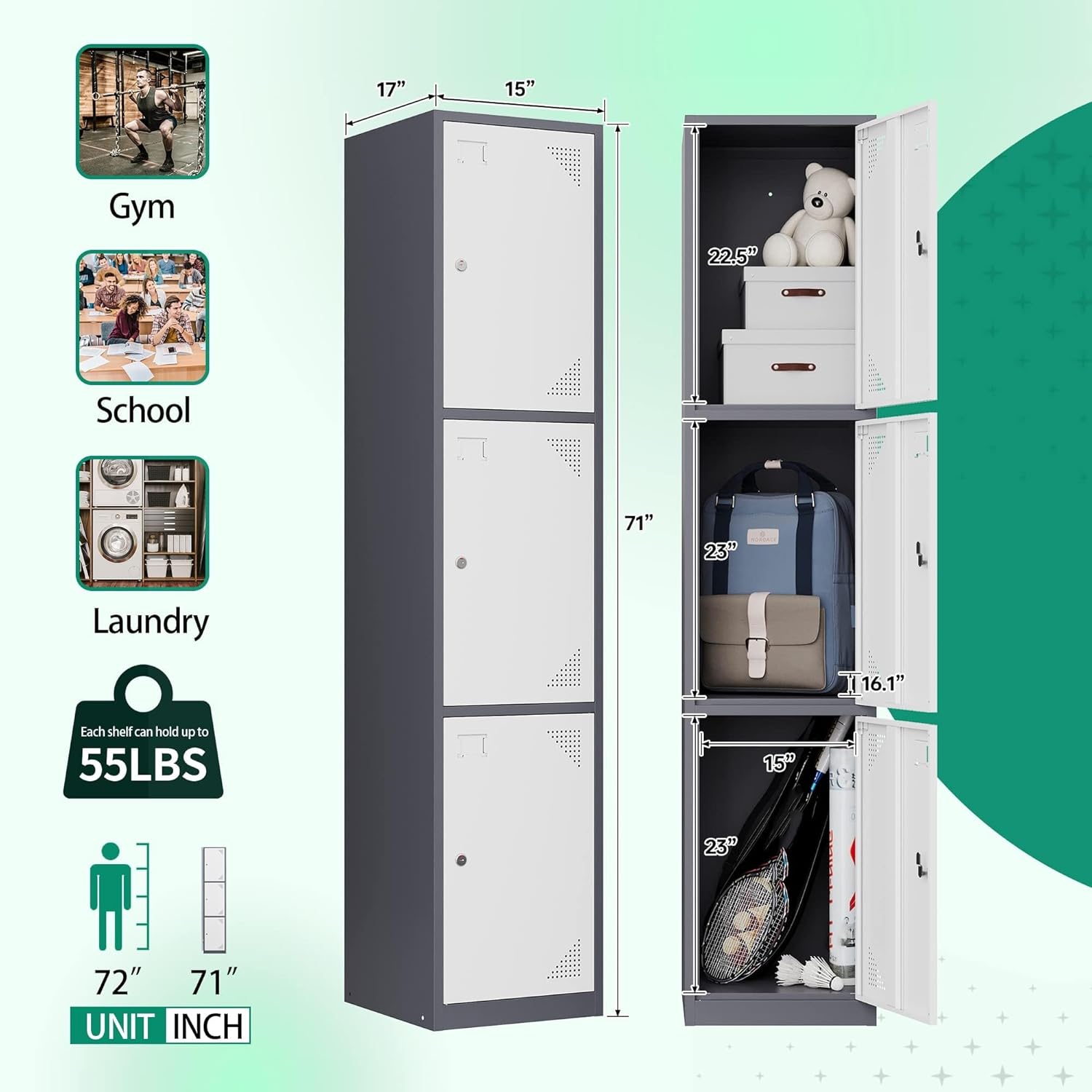 Metal Lockers for Employees,71" Steel Storage Cabinet with 6 Door Lockable for Office Staff,Home,Gym,School (Grey White)