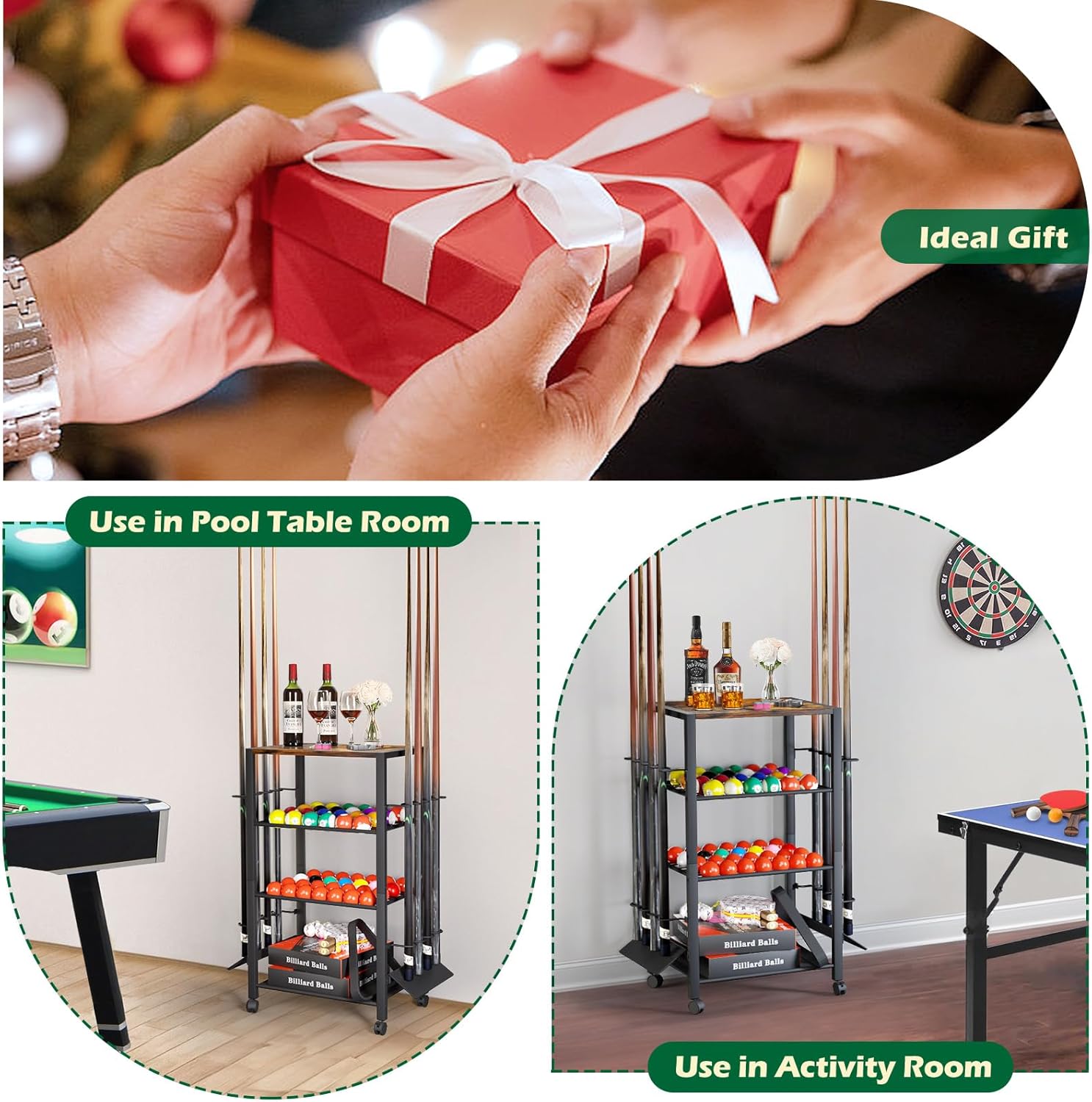 Pool Stick Holder Floor Stand up to 12 Cue Sticks, Pool Cue Holder with Balls Storage, Pool Table Accessories Stand Large Pool Cue Rack Equipment Organizer Cue Stick Holder for Billiard Game Room