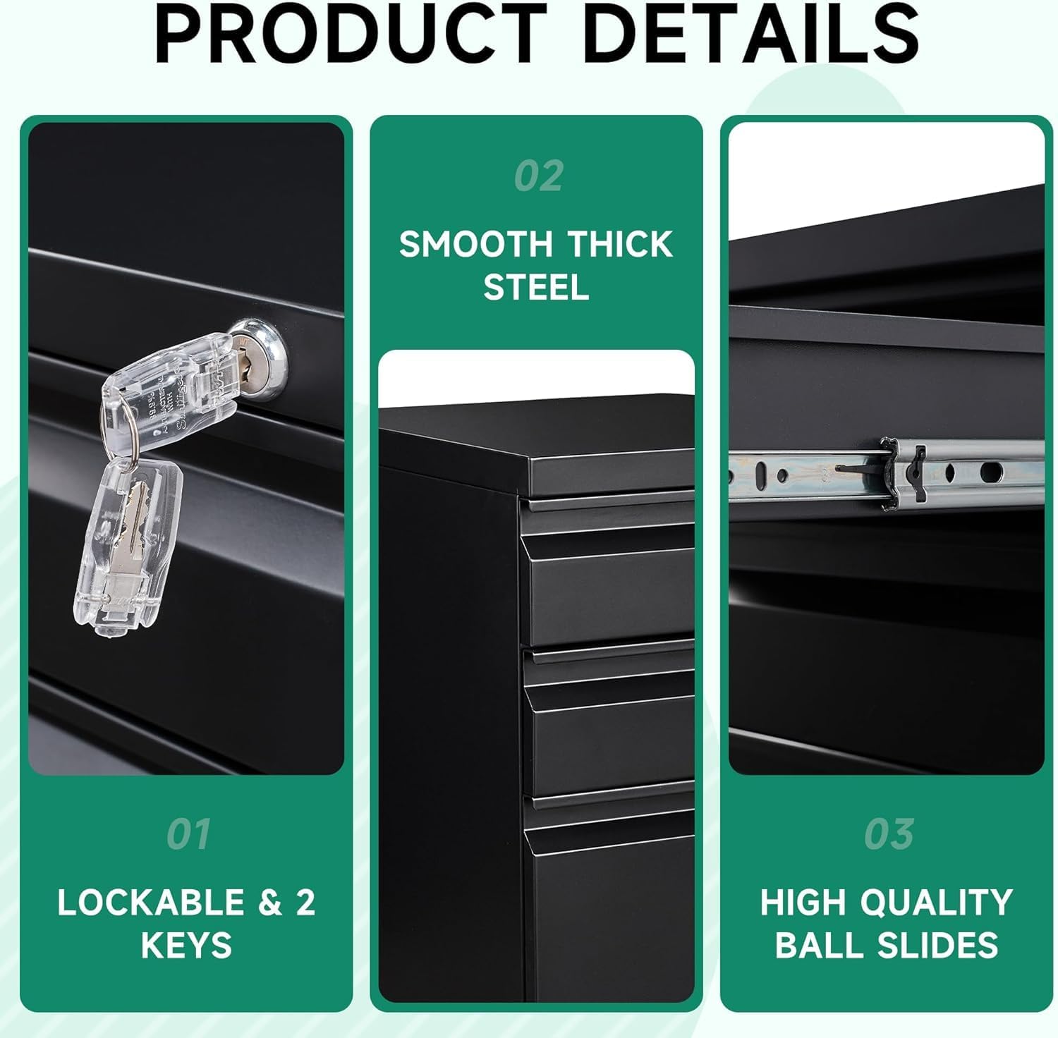 3 Drawer Mobile File Cabinet with Lock,Under Desk Metal Filing Cabinets for Home Office Organizer Letters/Legal/A4((Fully Assembled-Black)